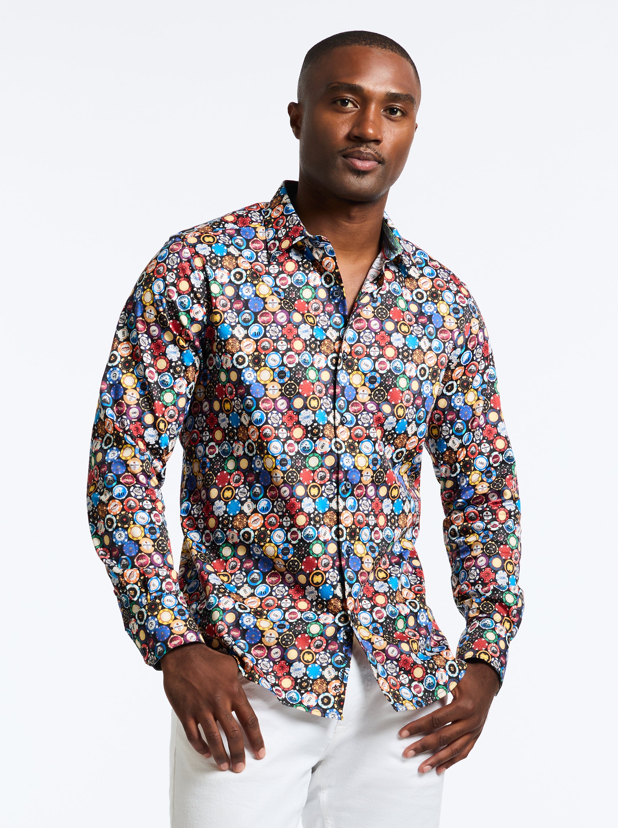 chinese dress ladies Men's Slim Fit White Patterned Button Down Dress Shirt Size N5 main image 0