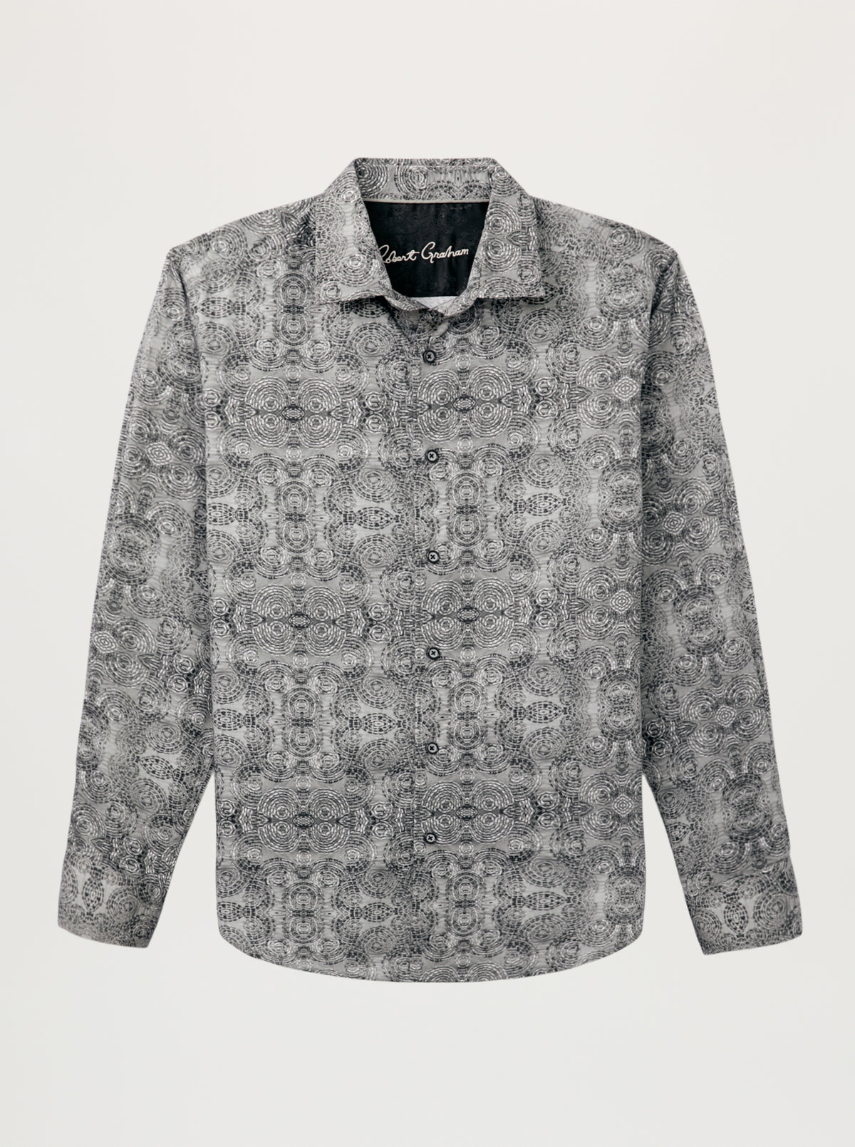 A long-sleeve button-up shirt with a gray and white geometric pattern, displayed on a neutral light gray background.