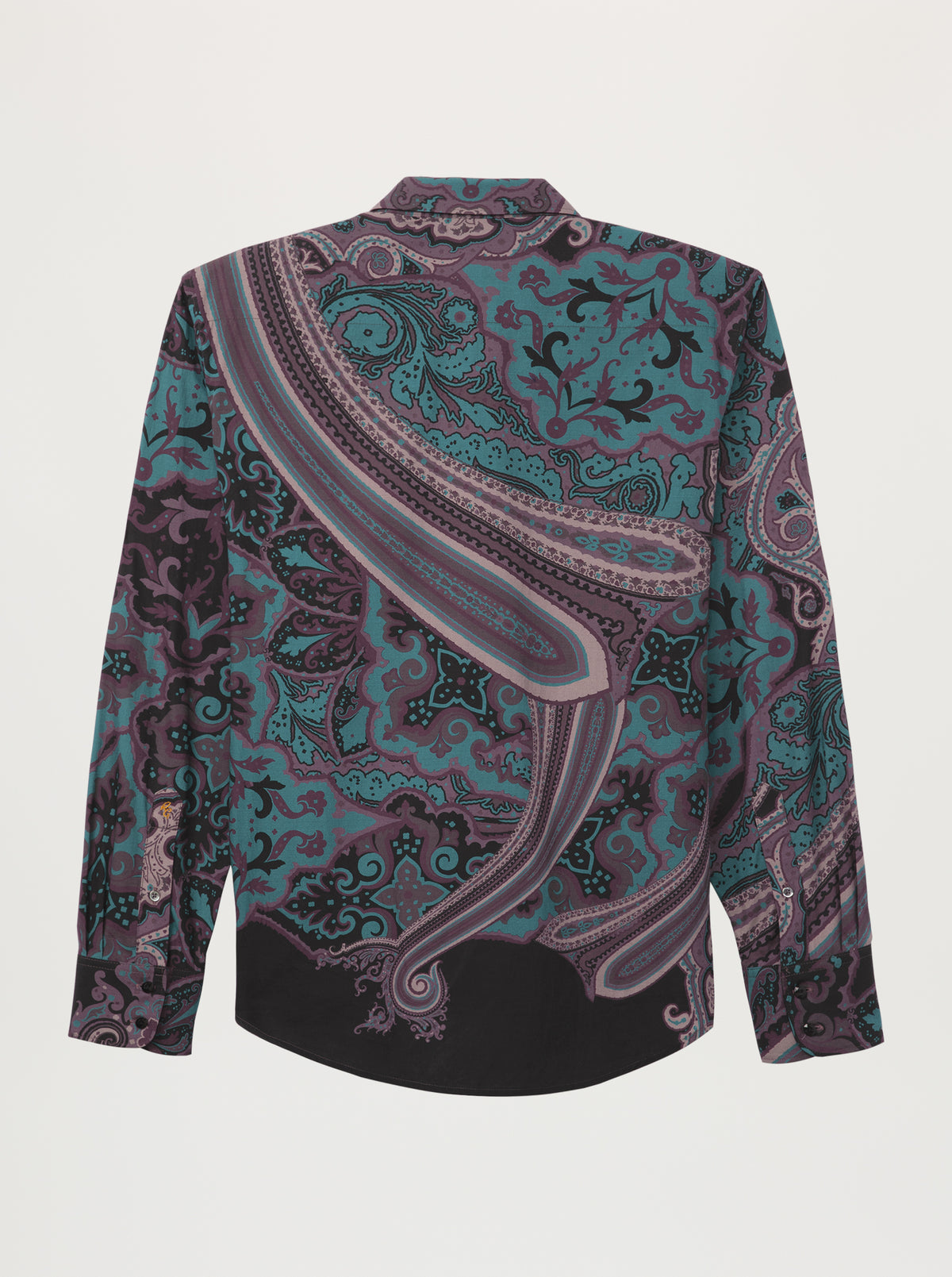 A long-sleeve button-up shirt shown from the back, featuring an intricate paisley pattern in teal, purple, black, and dusty pink on a light gray background.