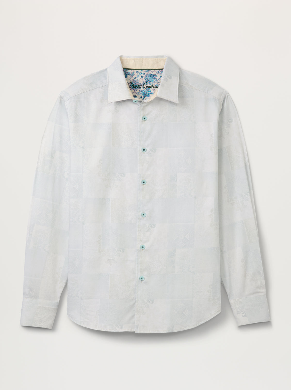 A light gray long-sleeve button-down shirt with a subtle pattern, displayed flat against a light beige background.