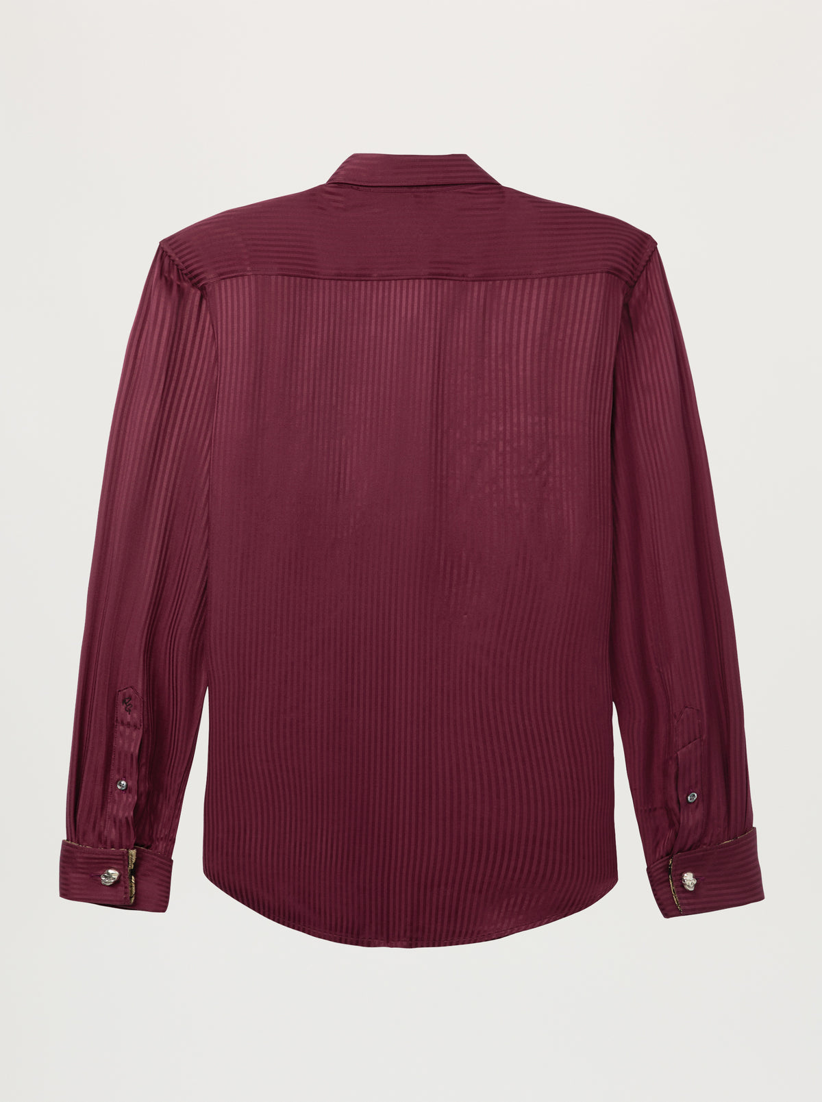 A long-sleeve pleated button-down shirt in a deep burgundy or maroon color, shown from the back against a light off-white background.