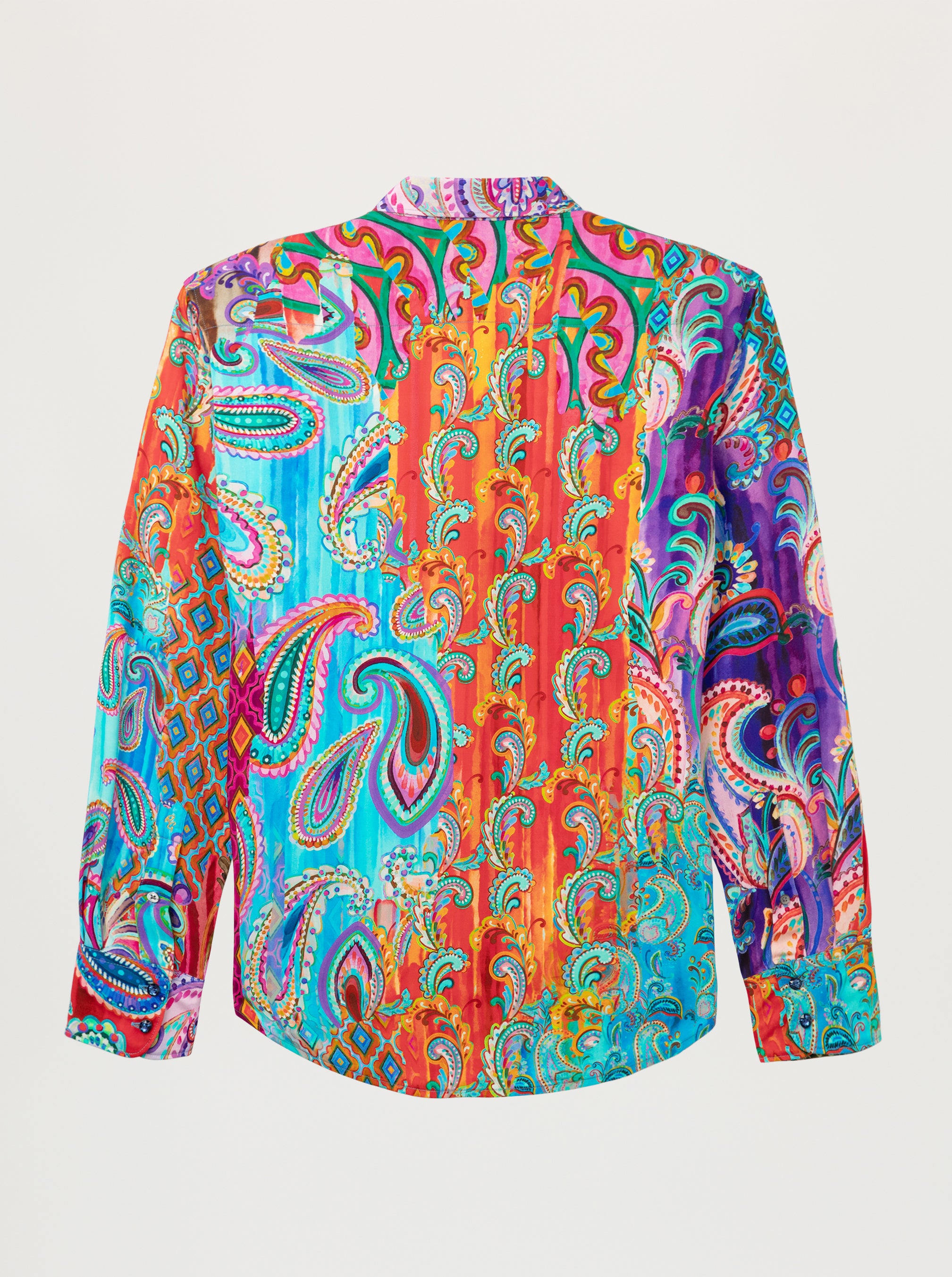 A long-sleeve button-up shirt with a vibrant, multicolored paisley and vertical stripe pattern, shown from the back against a light gray background.
