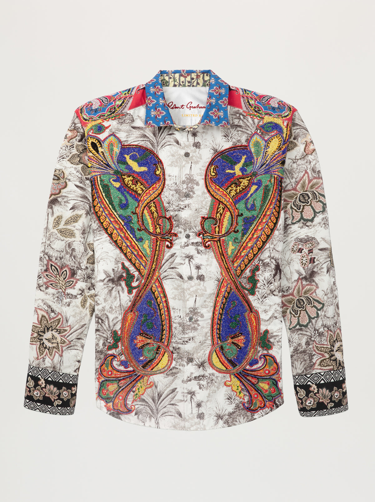 A long-sleeve button-up shirt featuring a white base with a gray botanical print and large, vibrant baroque-style paisley motifs in blue, red, gold, and green on the front.