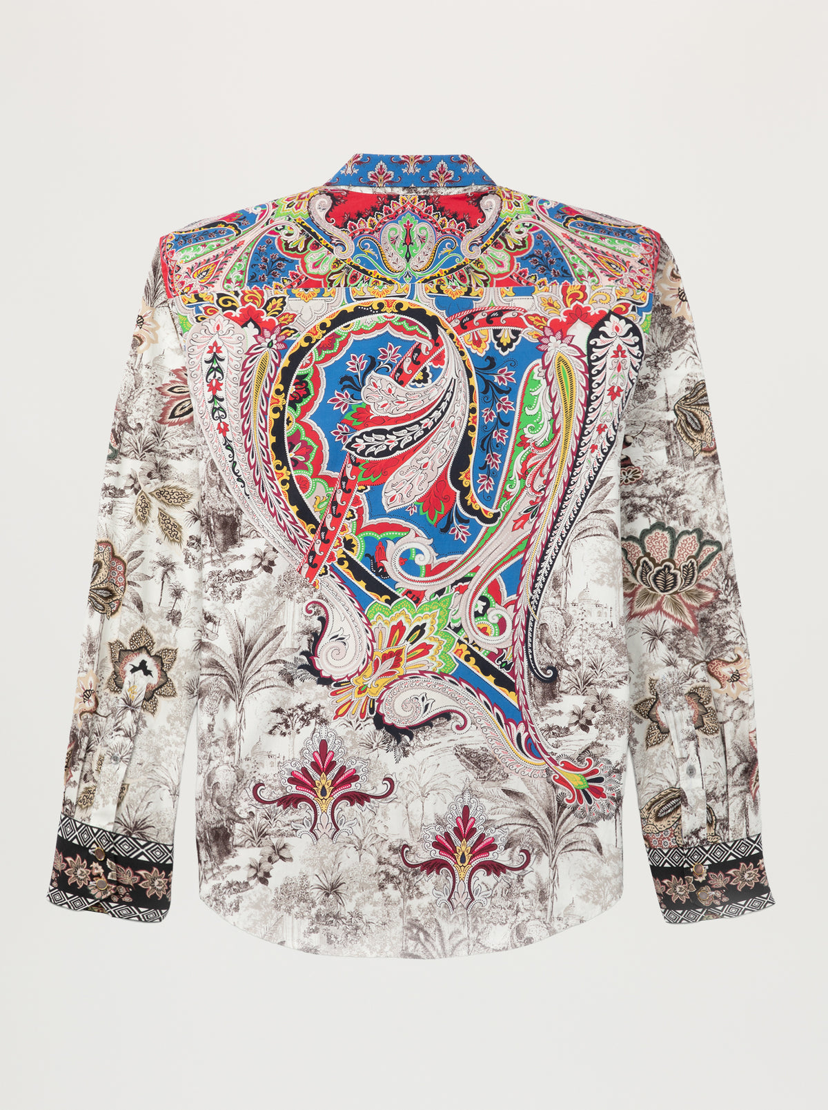 A long-sleeve button-up shirt shown flat against a light gray background, featuring a highly detailed, colorful paisley and floral print on a white base.