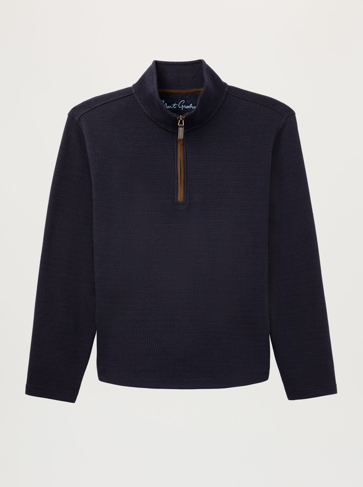 A dark navy blue quarter-zip pullover sweater with a brown zipper pull, displayed on a light gray background.