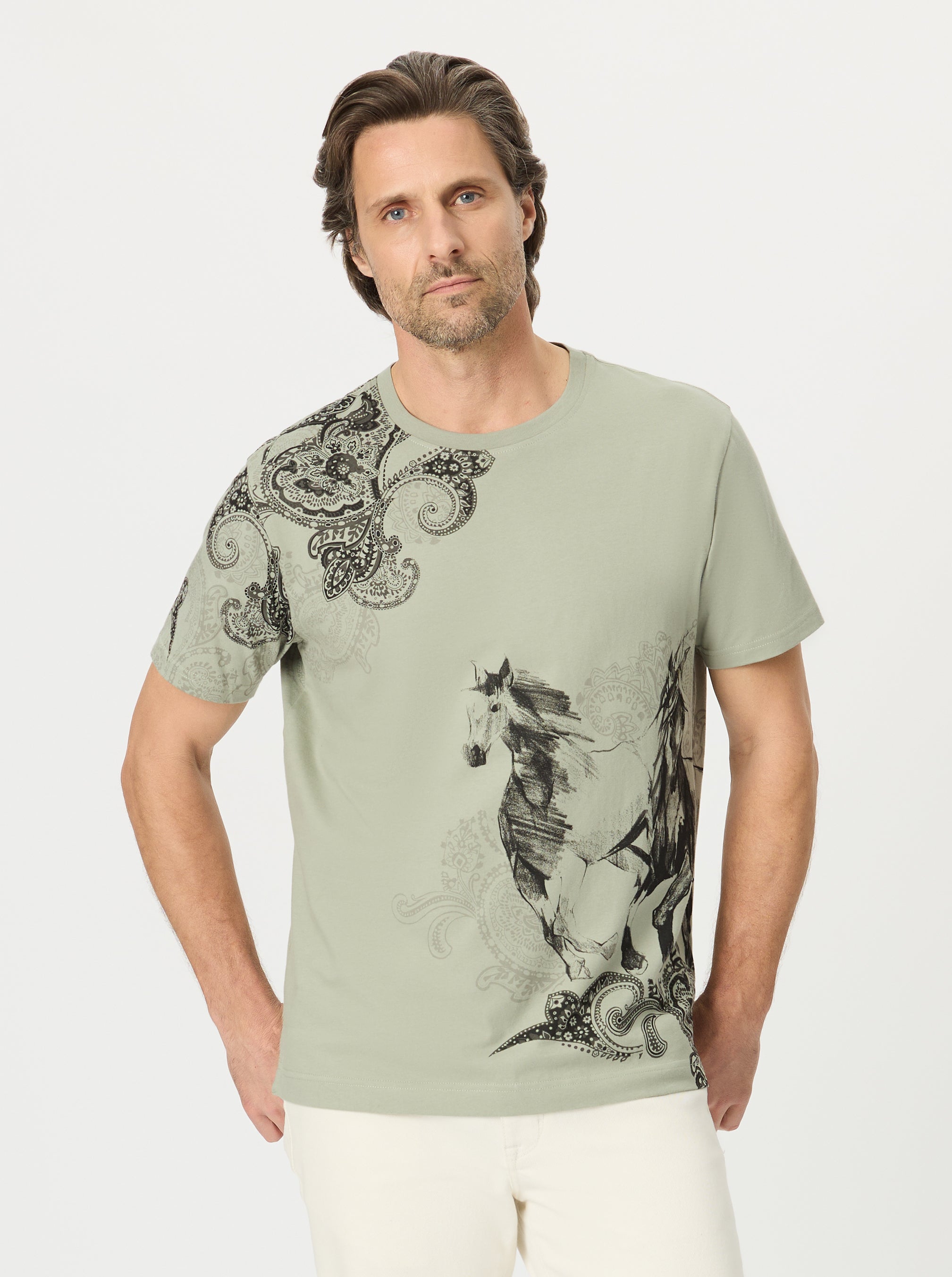 Man wearing a light green t-shirt with a horse graphic on a white background