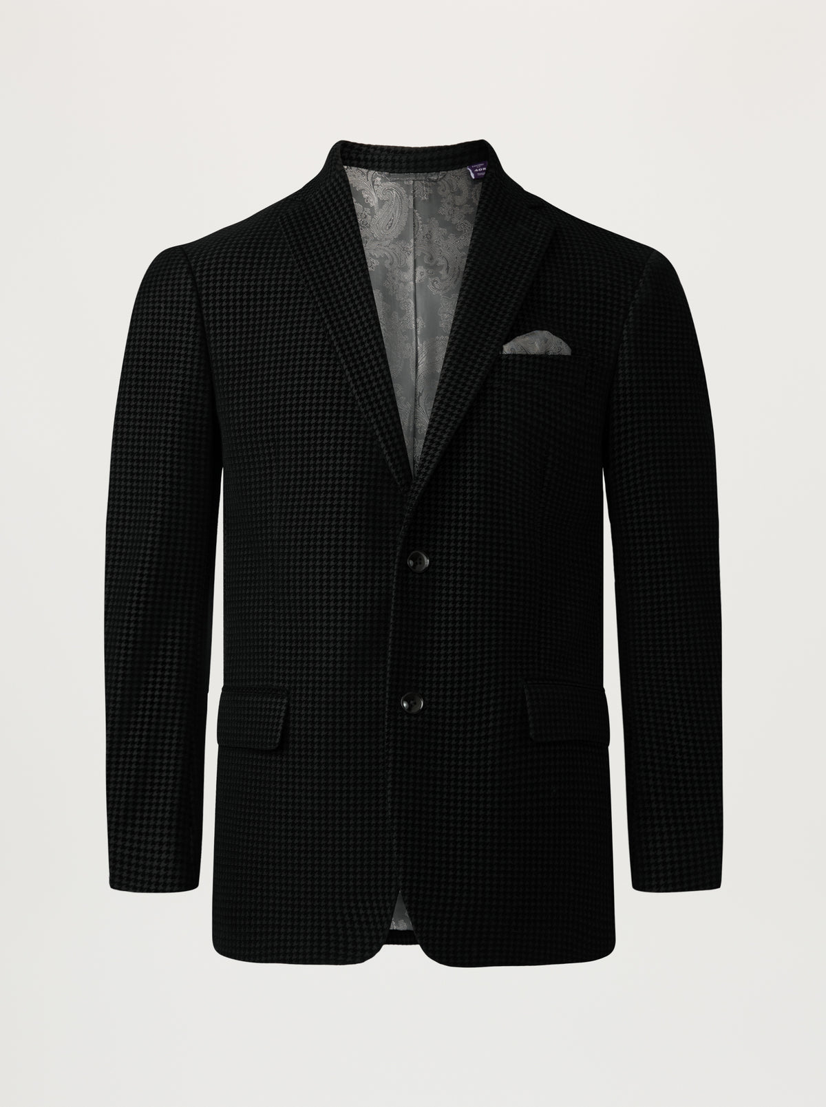 Single breasted Black houndstooth blazer with grey pocket square and grey interior lining on a grey background