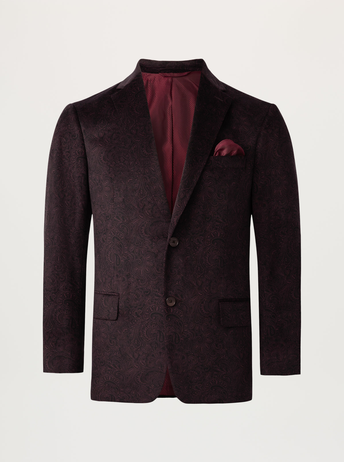 A dark plum-colored textured suit jacket with a matching pocket square, displayed on a neutral light gray background.