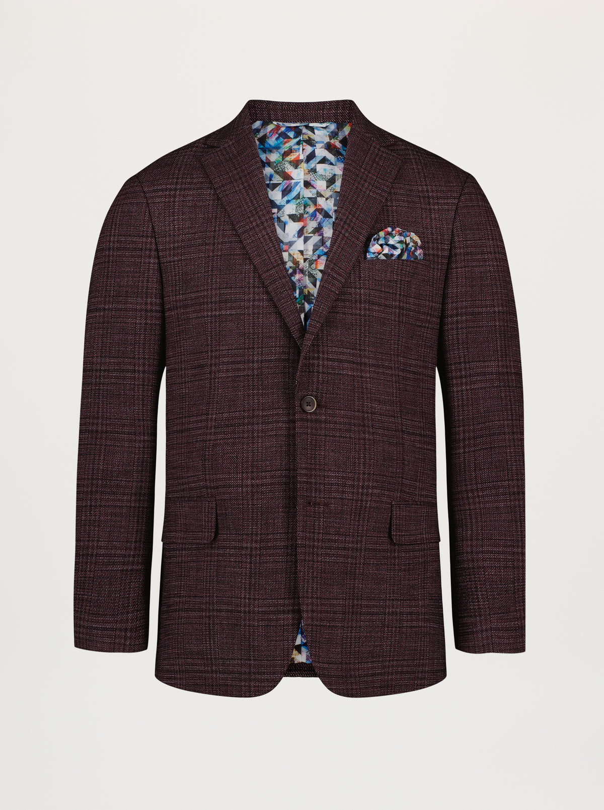 A men's single-breasted blazer in a dark burgundy and brown plaid pattern, featuring a colorful floral-patterned shirt and matching pocket square visible inside, set against a plain light gray background.