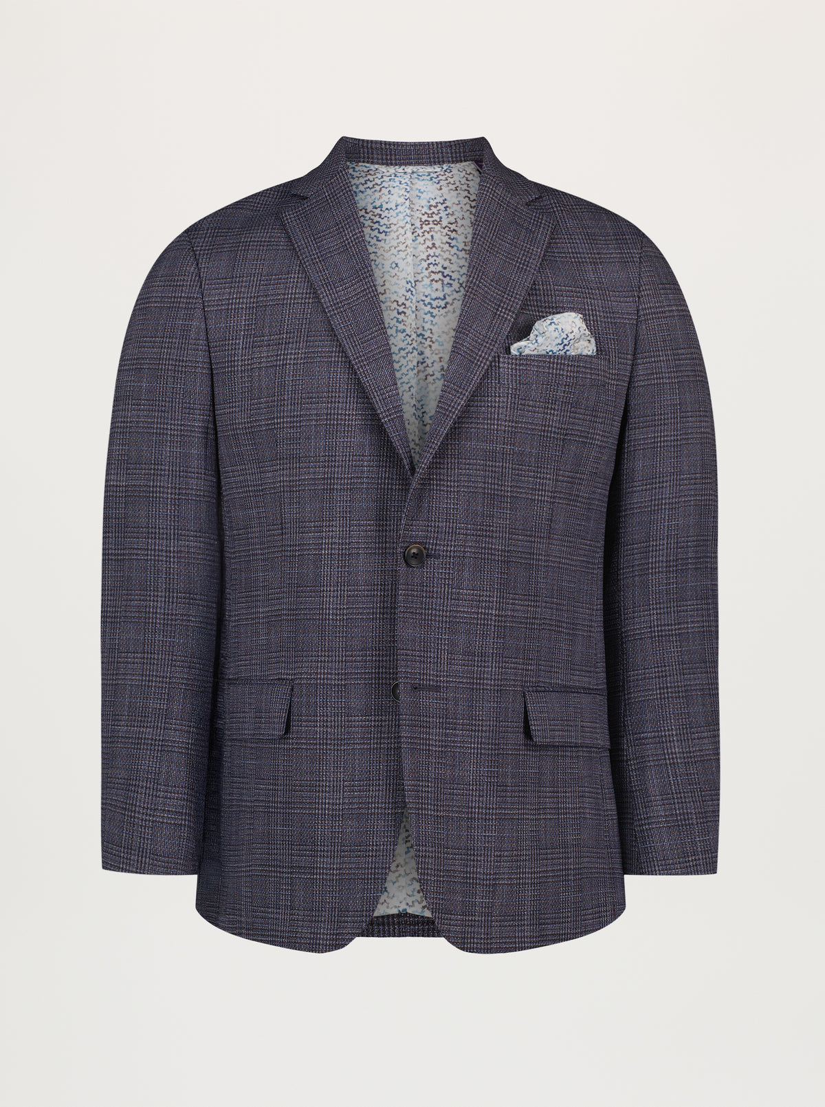 A men's two-button blazer in a dark navy blue and gray micro-check pattern, featuring a matching patterned pocket square and a light patterned inner lining, displayed on a neutral light gray background.