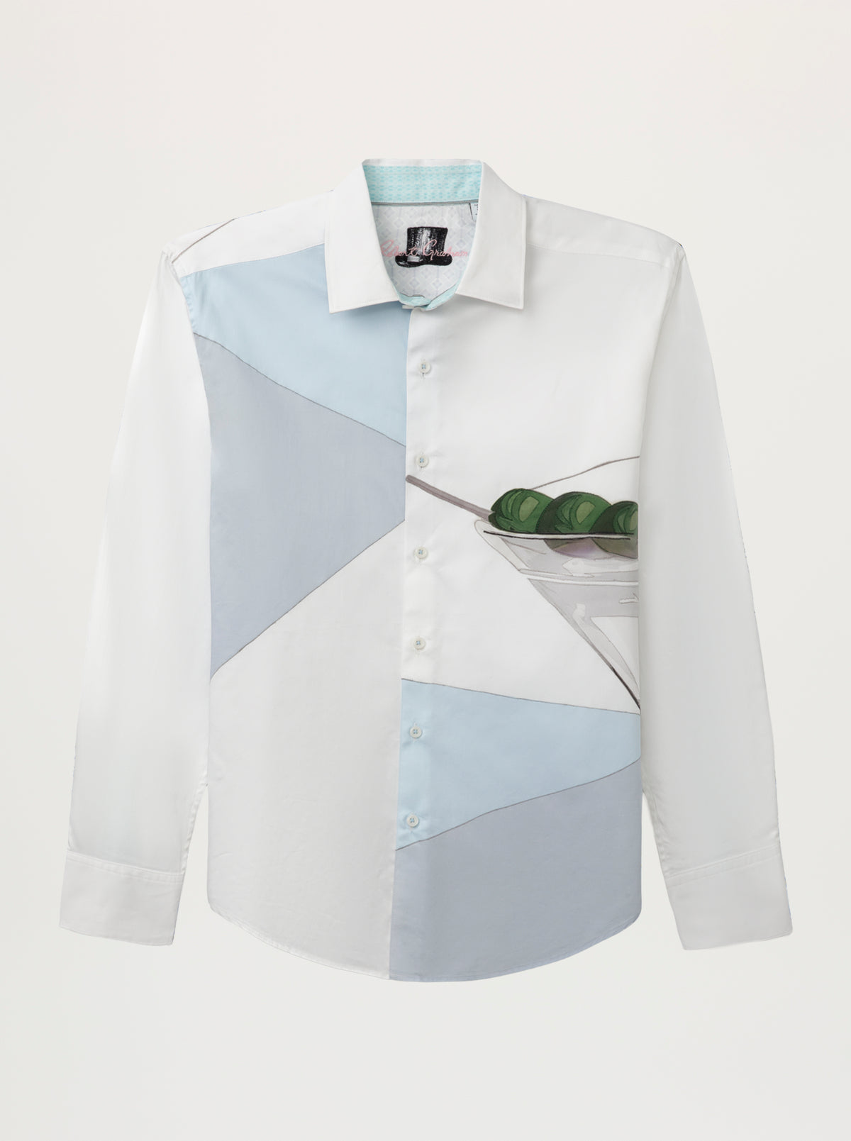 A long-sleeve button-up shirt with a geometric color-blocked pattern in white, light blue, and gray, featuring a printed cocktail glass with olives on the front pocket.