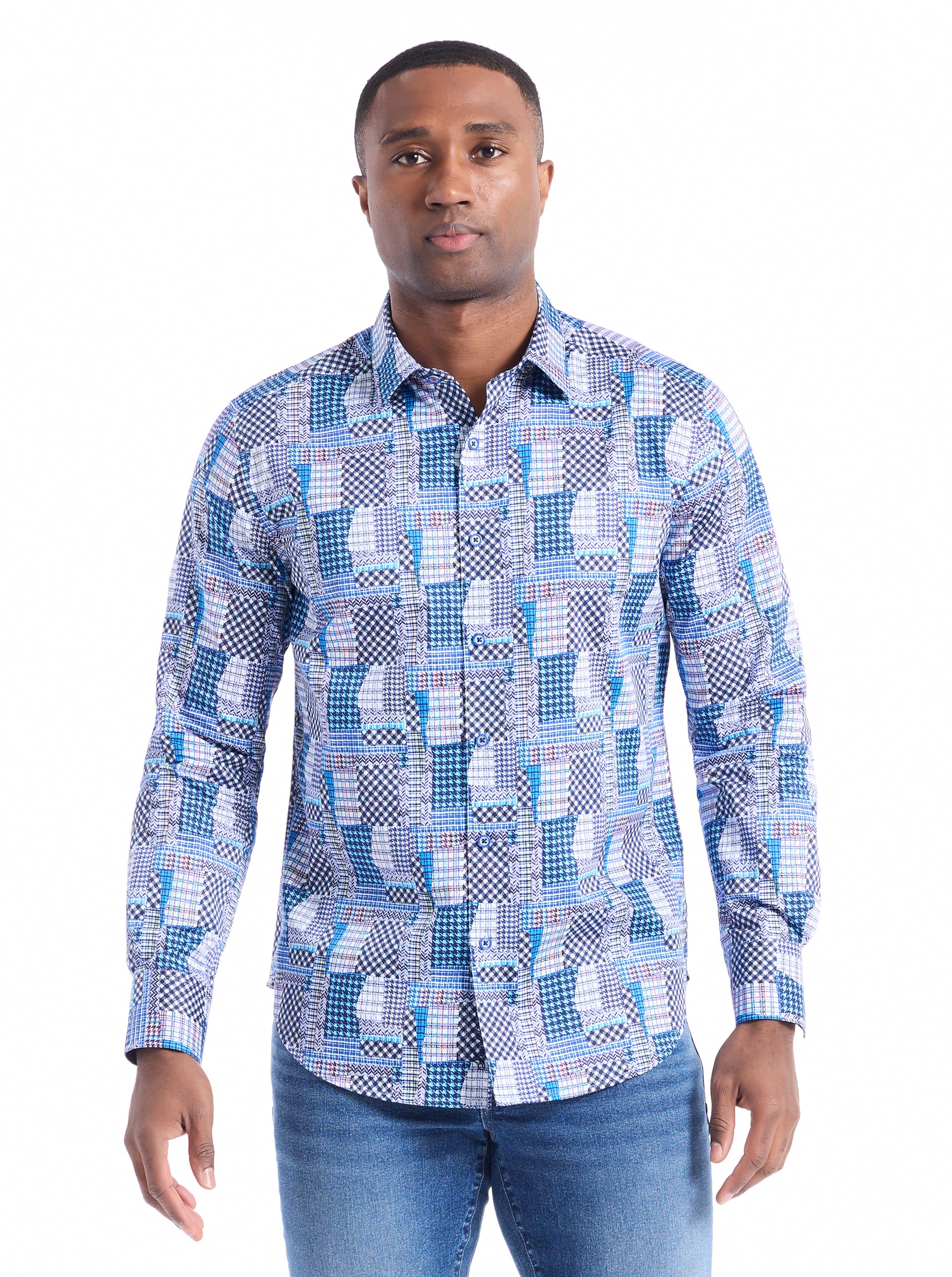 Man wearing a blue geometric patterned shirt on a white background