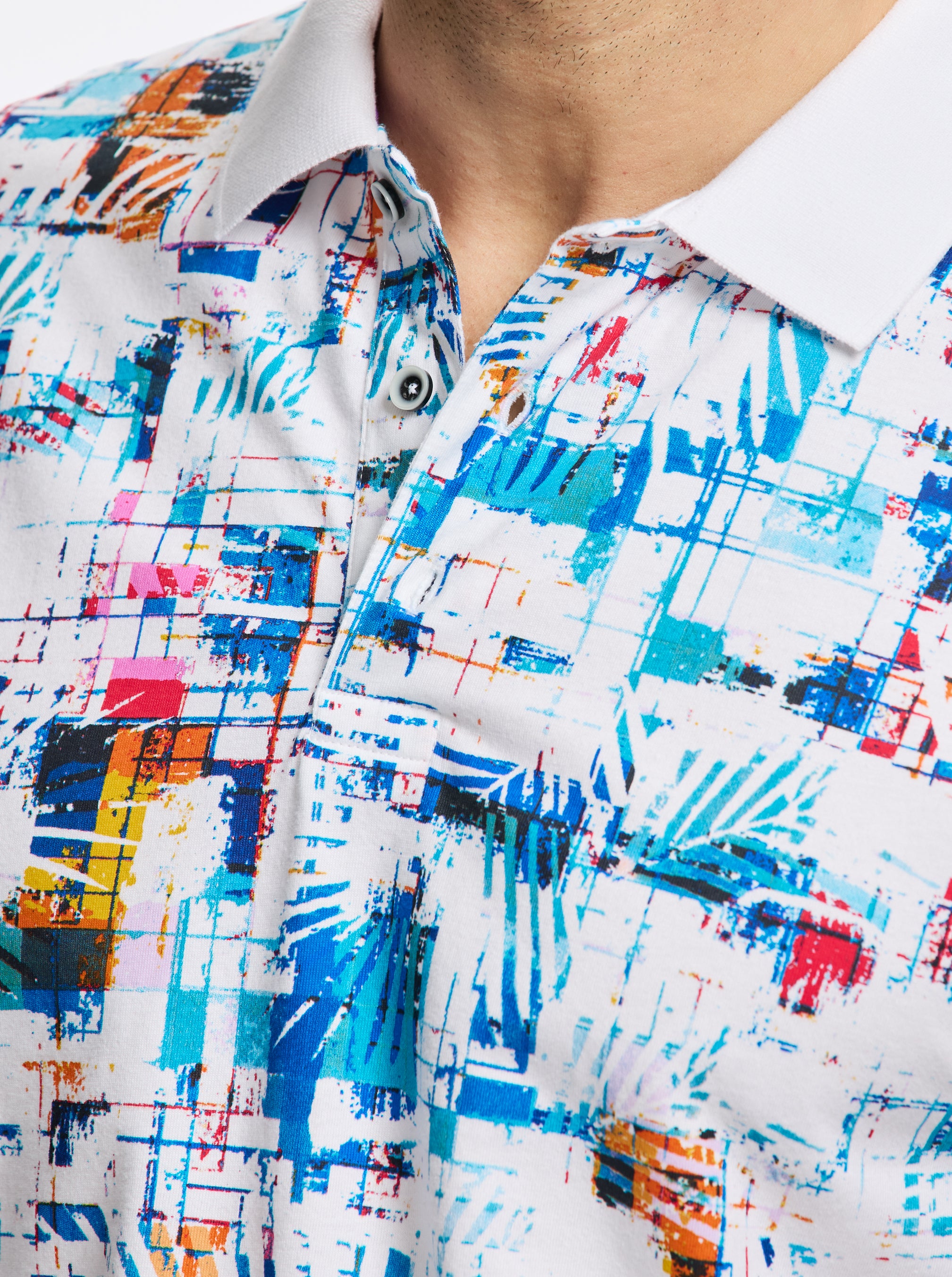 Close-up of a colorful patterned shirt with abstract design