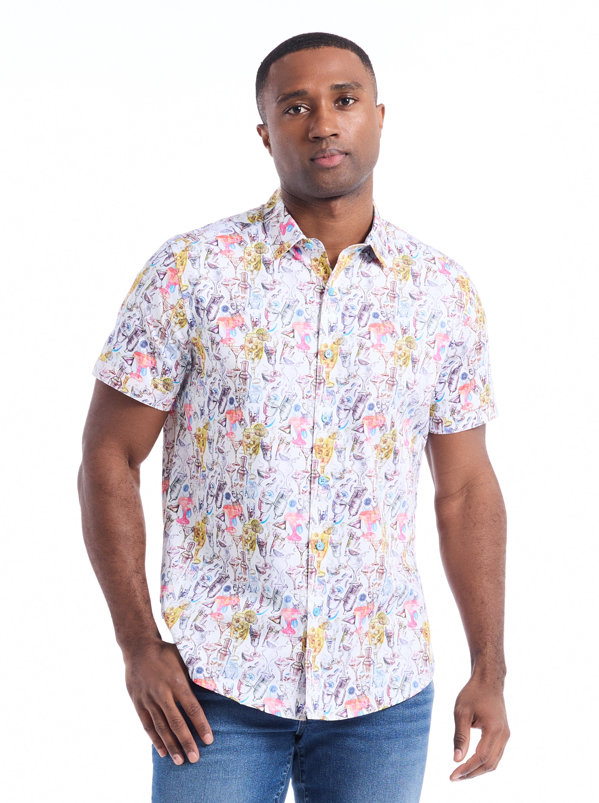 DRINKS ON ME SHORT SLEEVE BUTTON DOWN SHIRT