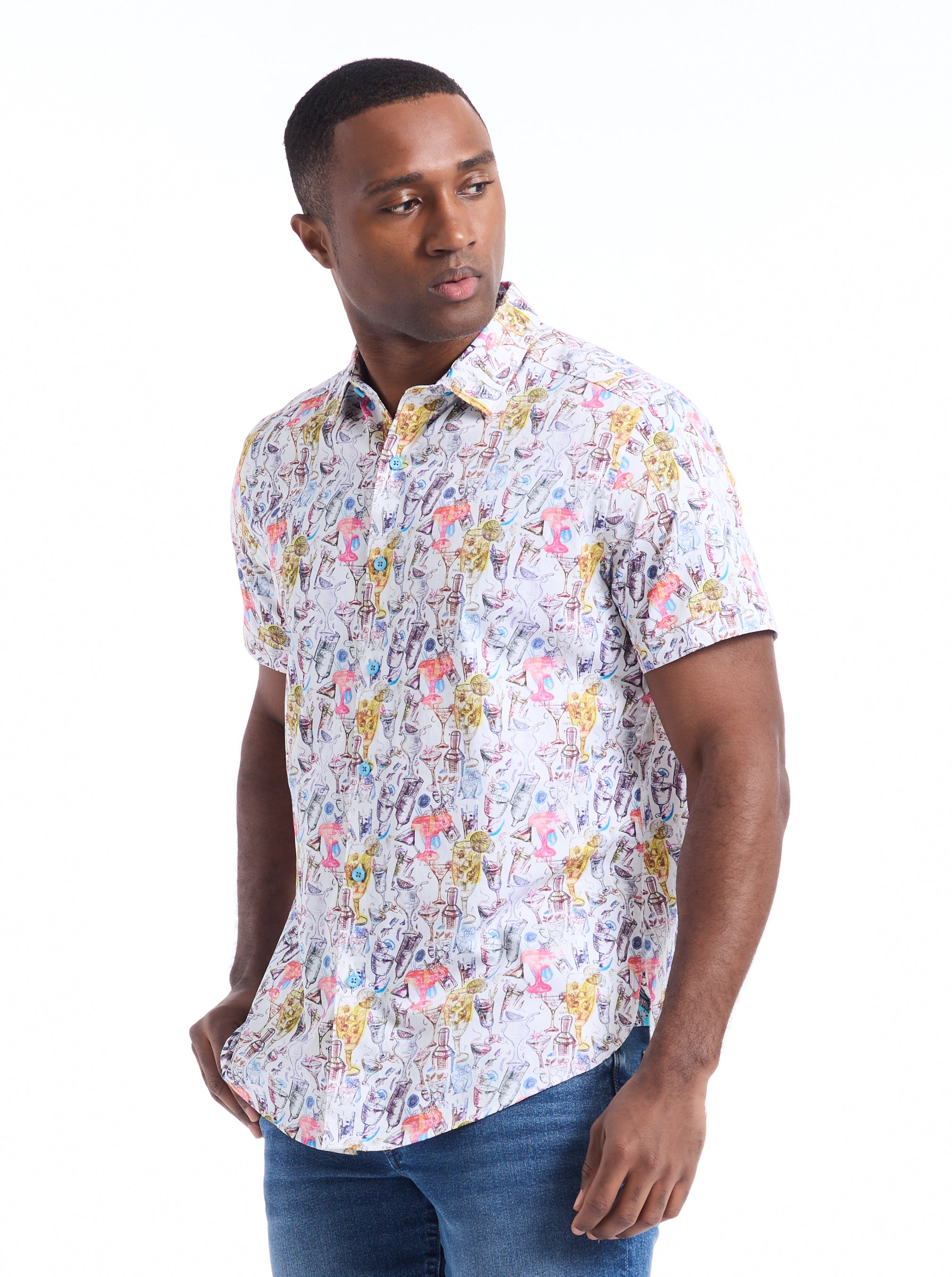 DRINKS ON ME SHORT SLEEVE BUTTON DOWN SHIRT