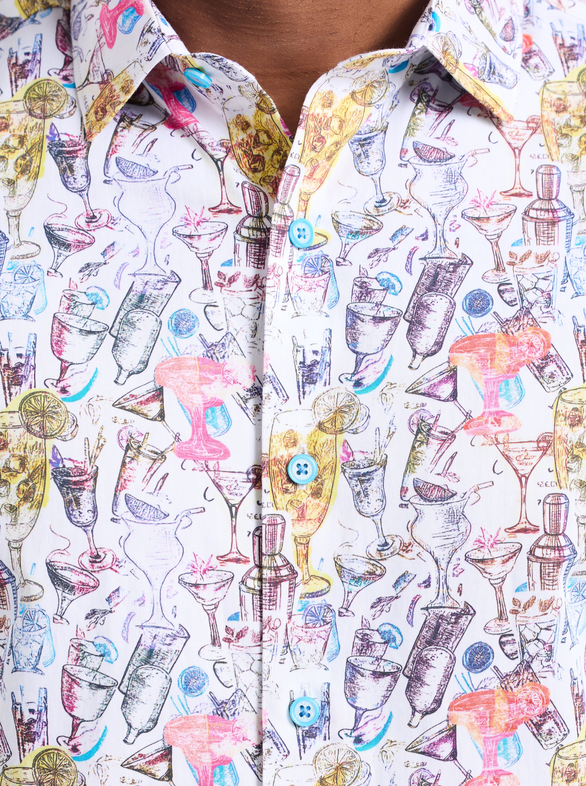 Close-up of a colorful shirt with cocktail-themed pattern