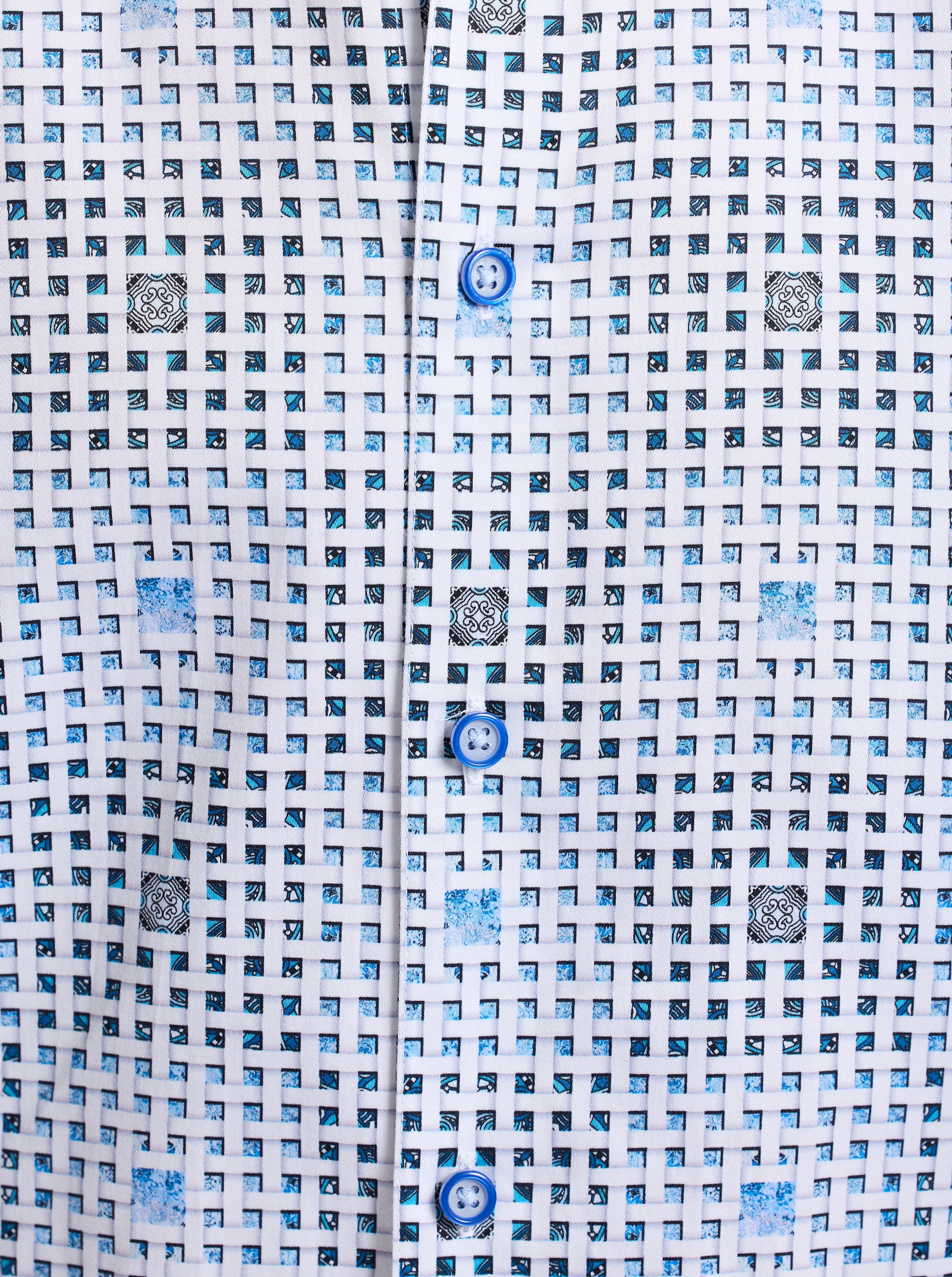 Close-up of a textured blue and white fabric with patterns