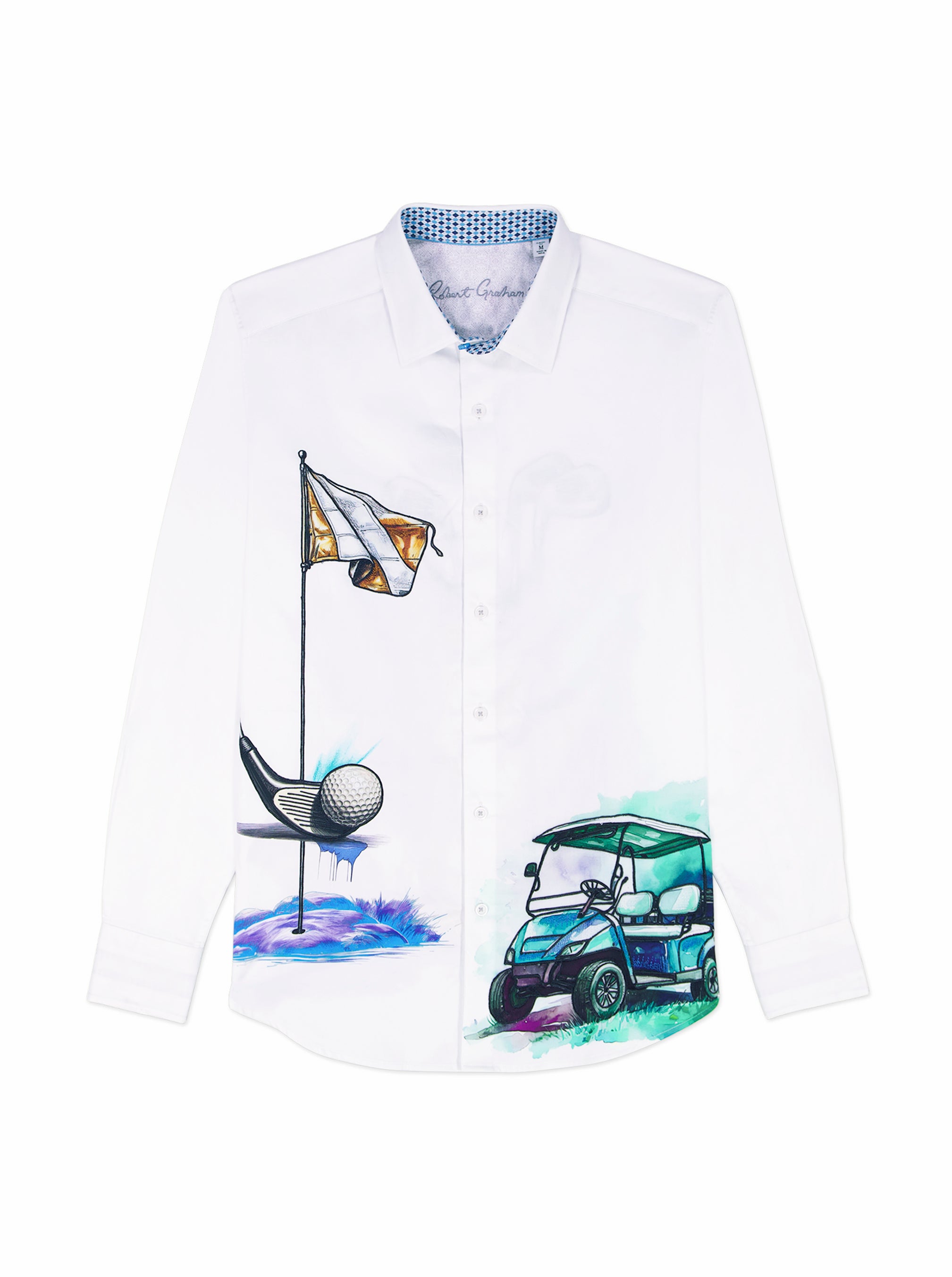 White shirt with golf-themed design on a white background