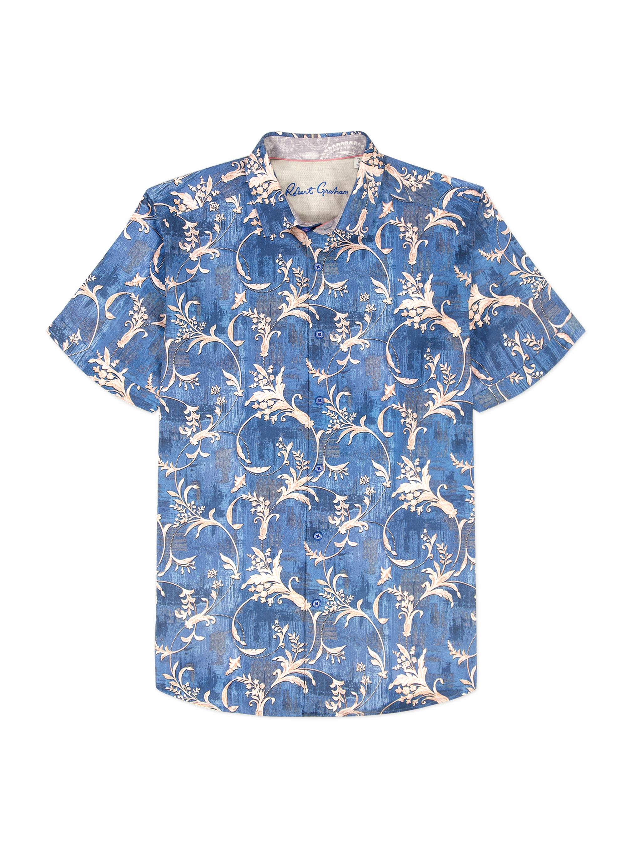 Blue floral patterned shirt on a white background