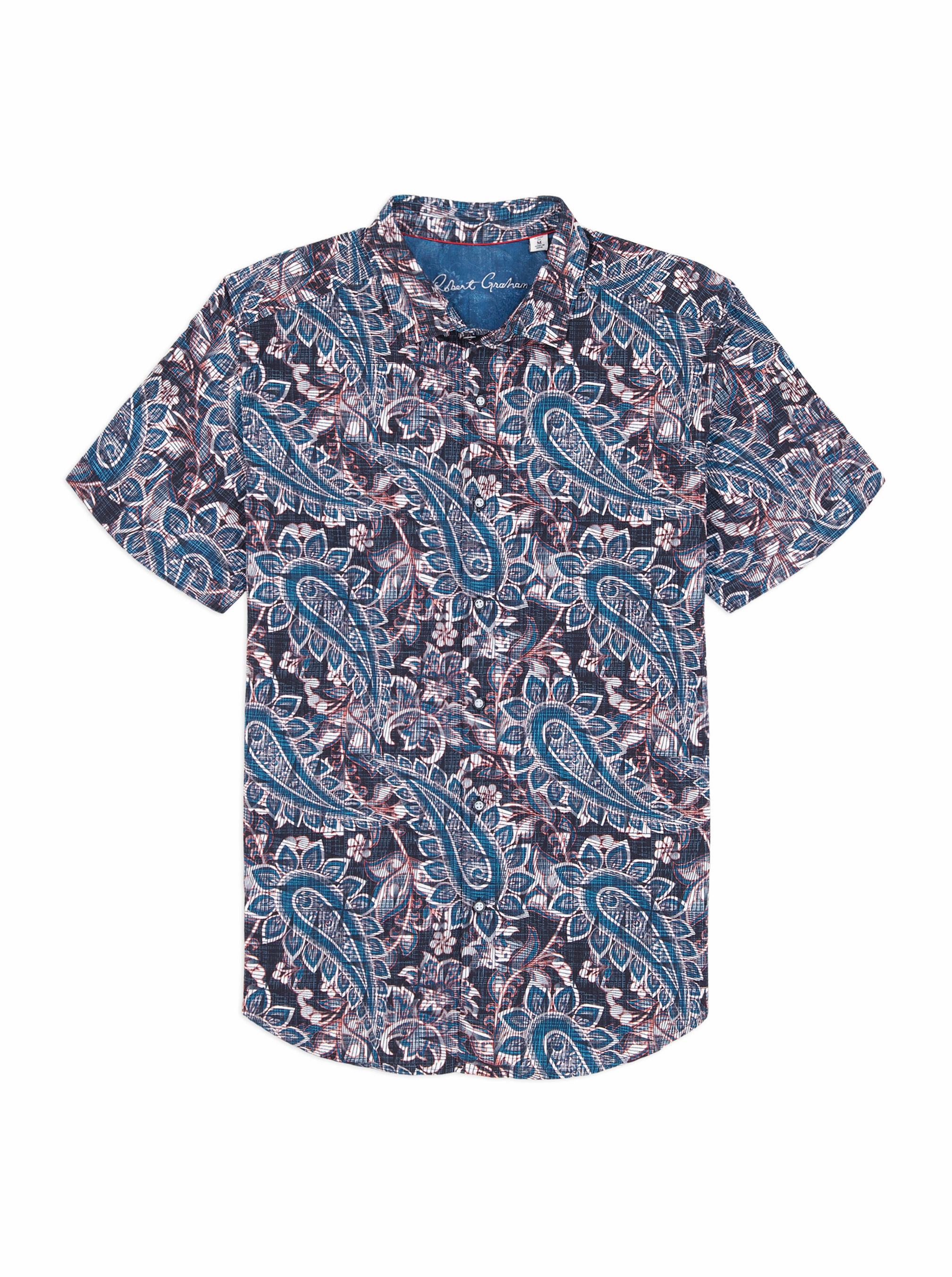 Short-sleeve shirt with paisley pattern on a white background