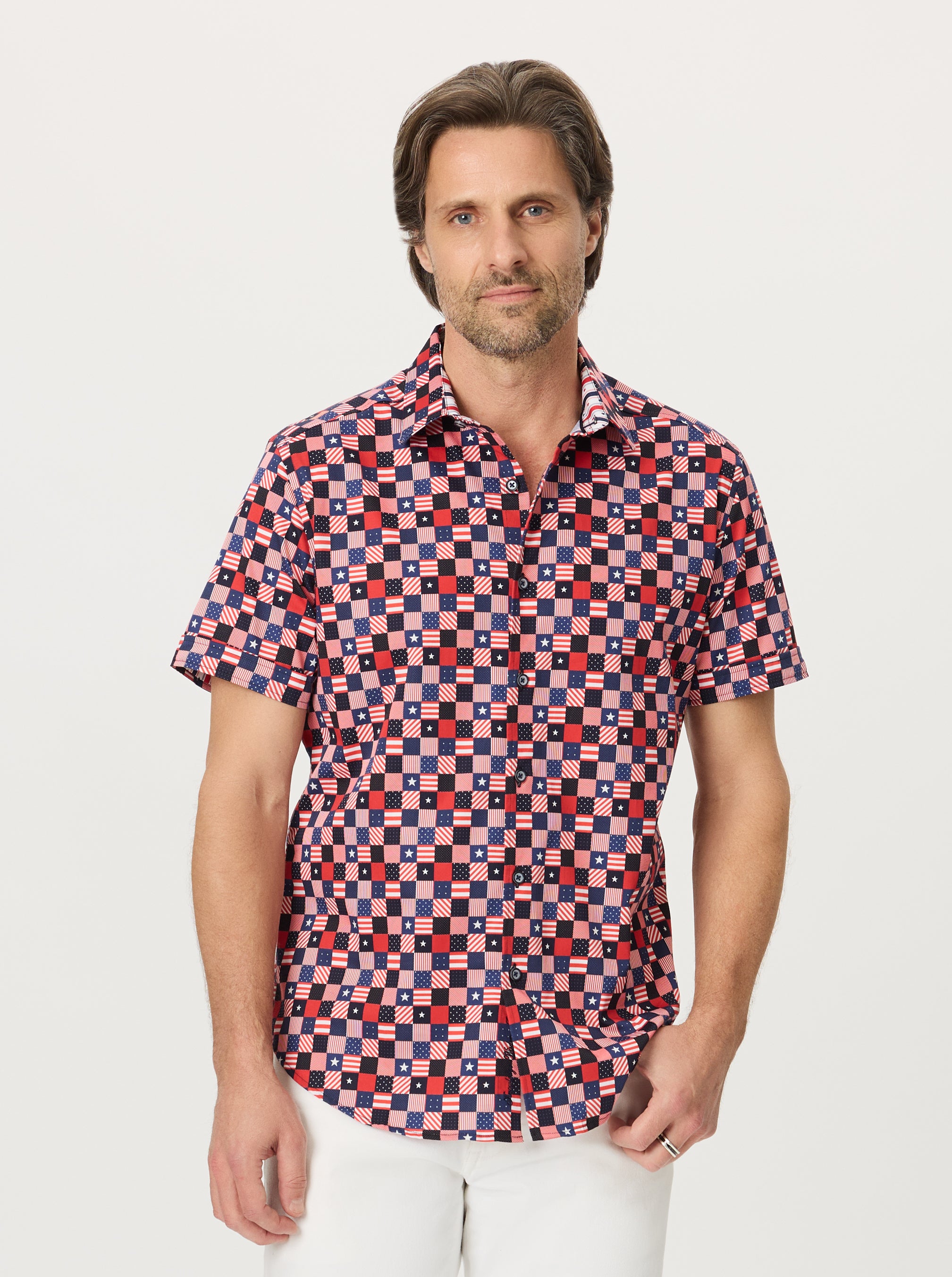 STARS ALIGNED SHORT SLEEVE BUTTON DOWN SHIRT