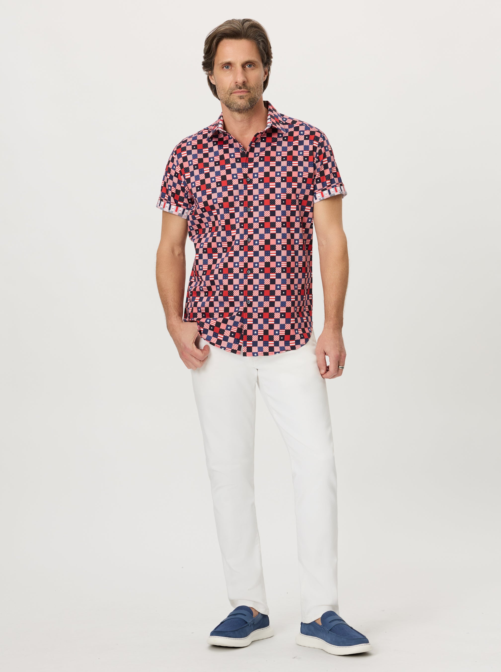 STARS ALIGNED SHORT SLEEVE BUTTON DOWN SHIRT
