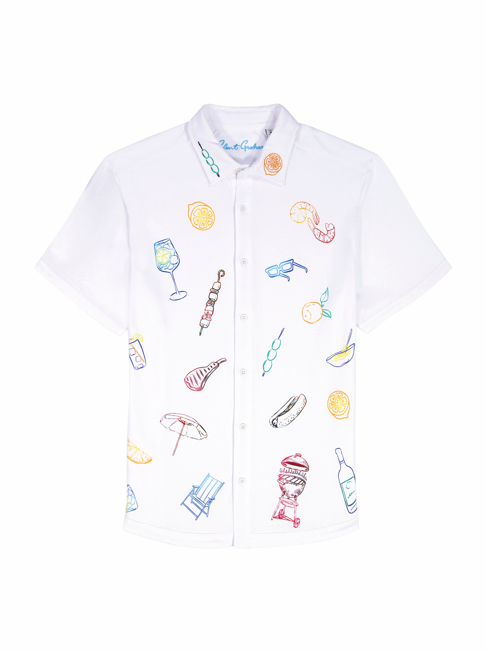 White shirt with colorful embroidered designs on a white background