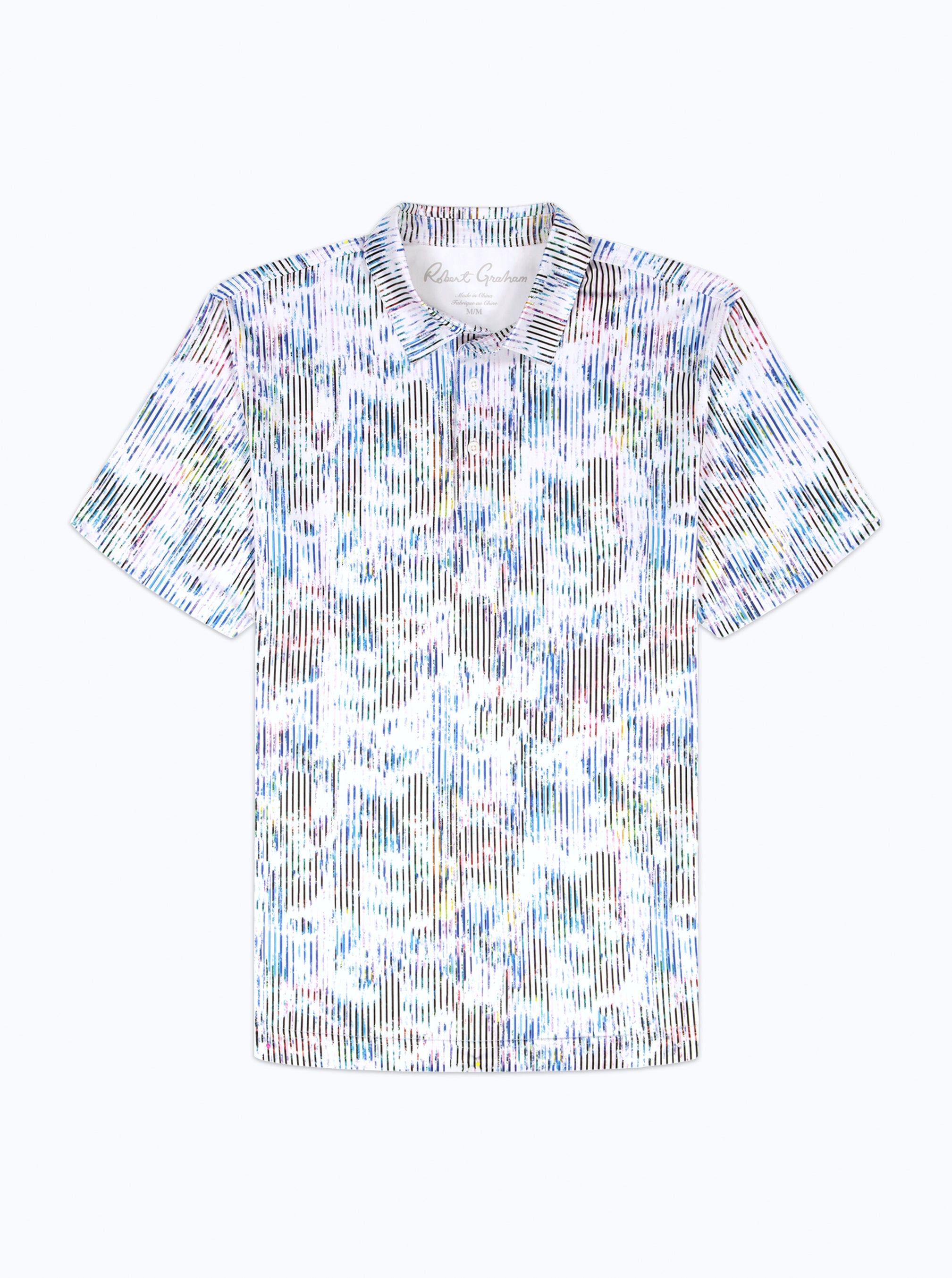 Short-sleeve polo with a colorful abstract pattern on a white background