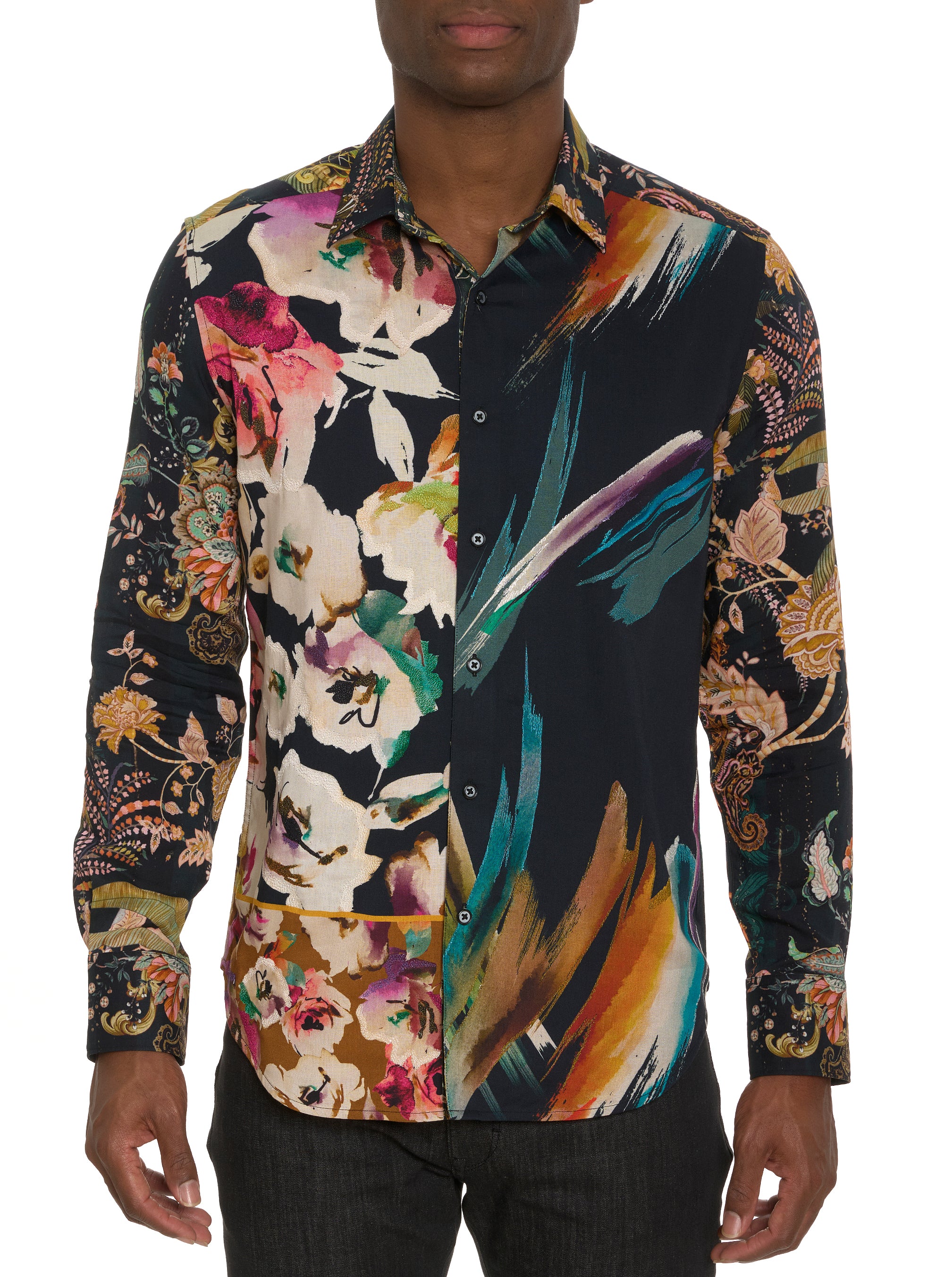 A long sleeve button-down shirt with a floral pattern, displayed on a model.