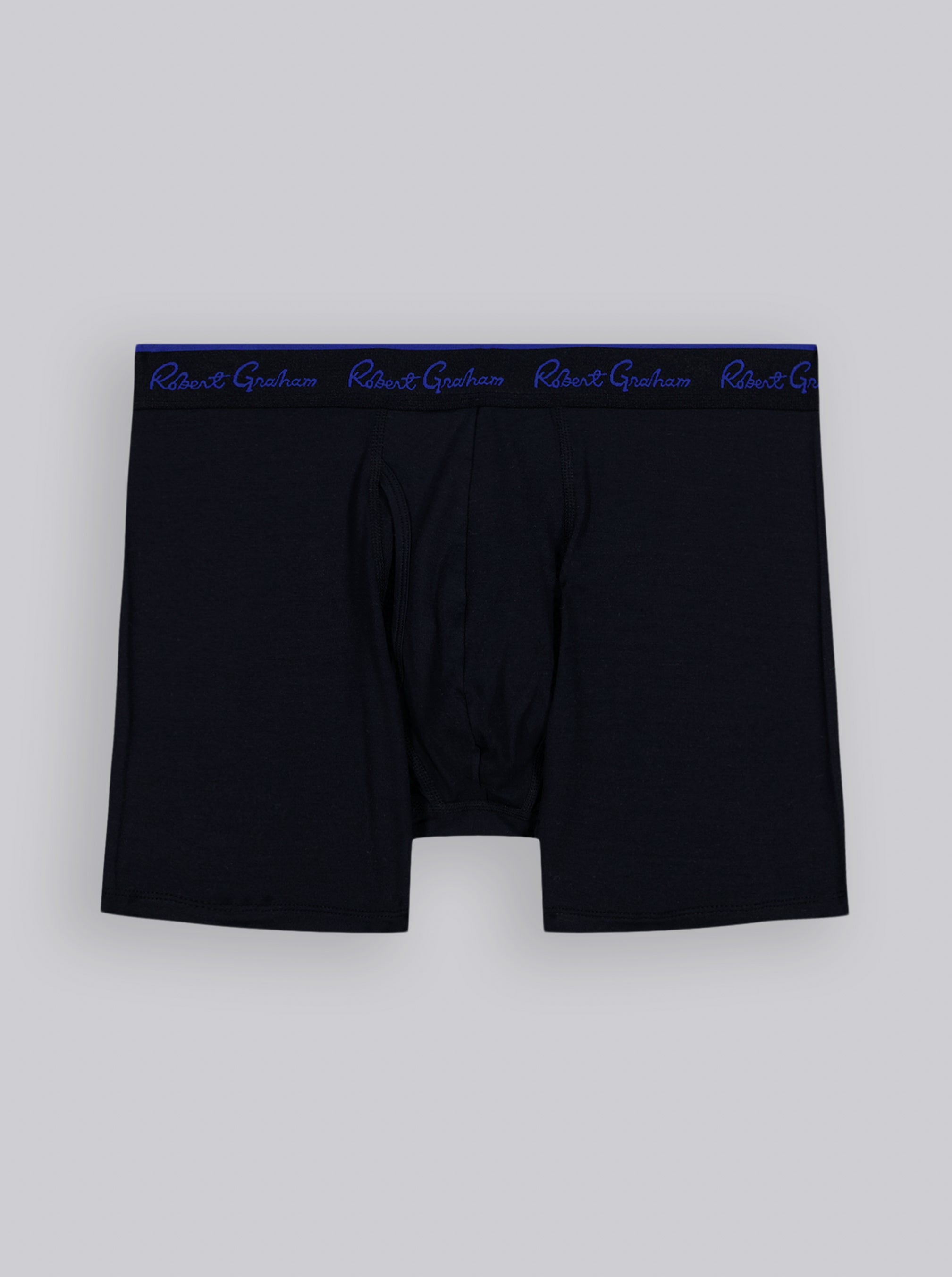 Black boxer briefs with blue waistband on a light gray background