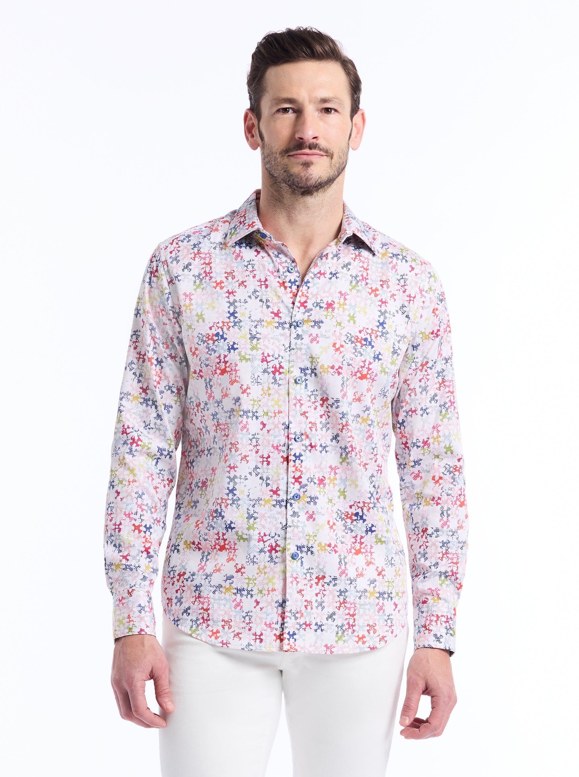 Man wearing a colorful shirt on a white background