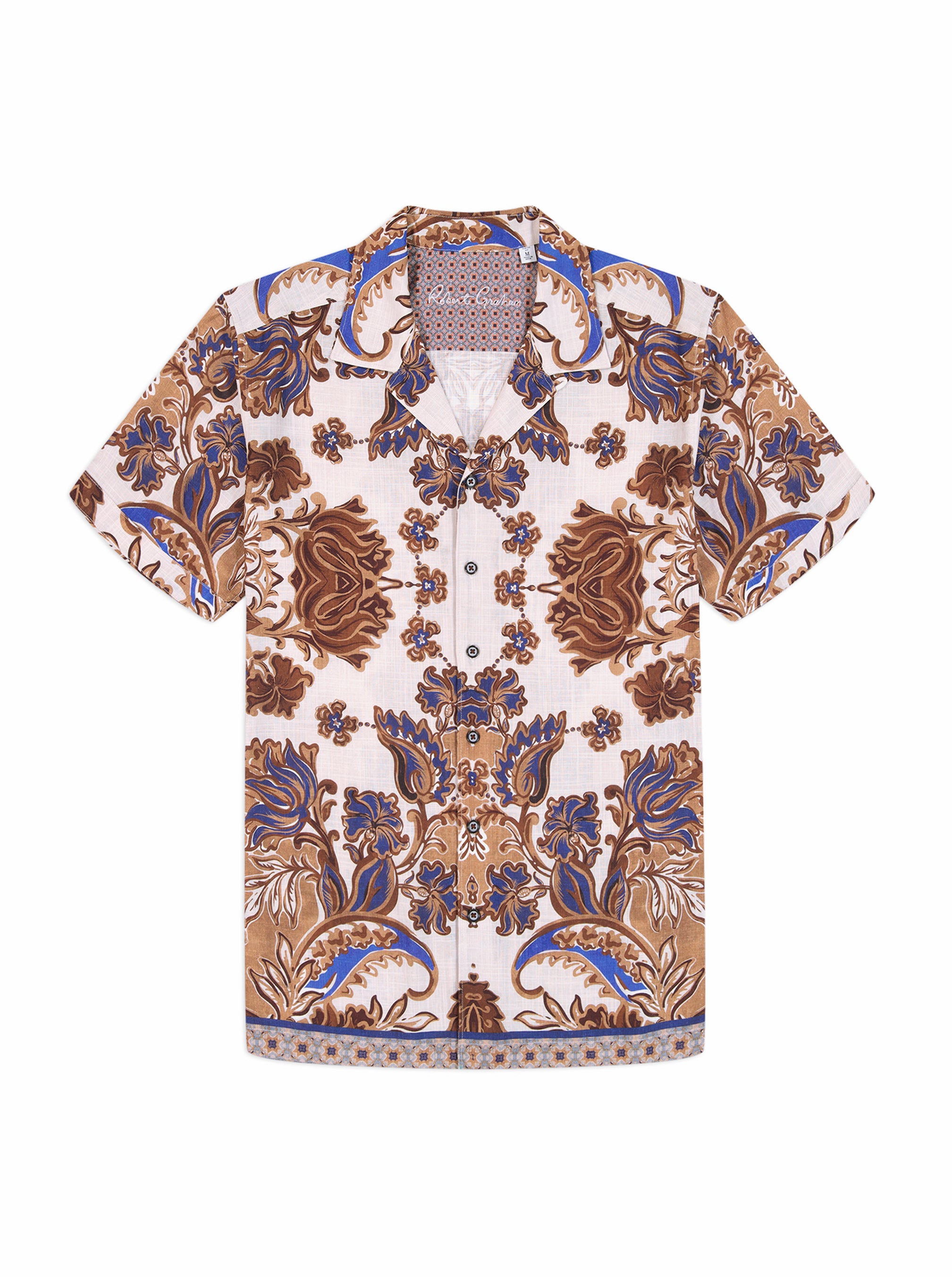 Short-sleeve shirt with a detailed floral pattern on a white background