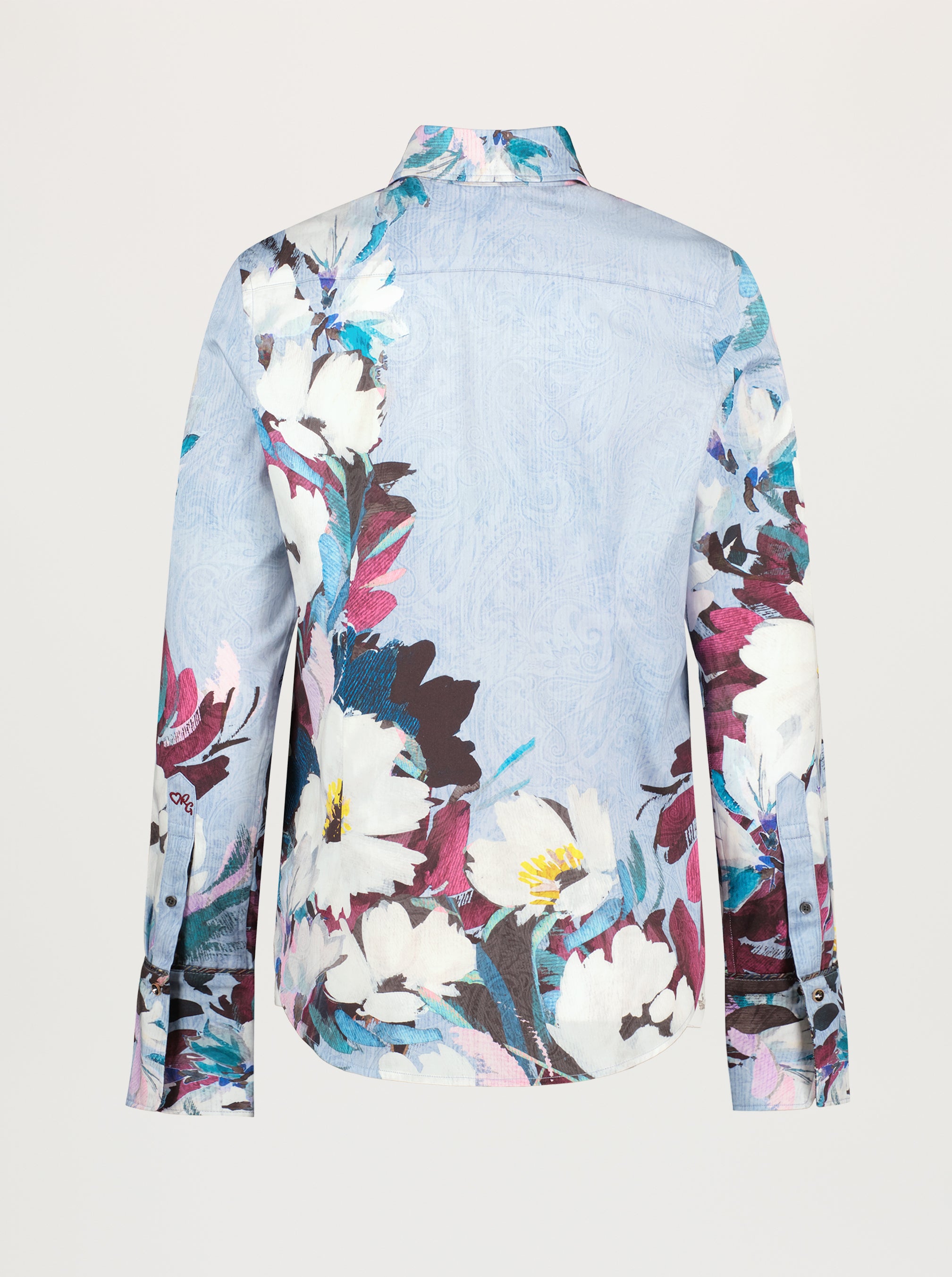 Light blue denim shirt with colorful floral pattern on a white background