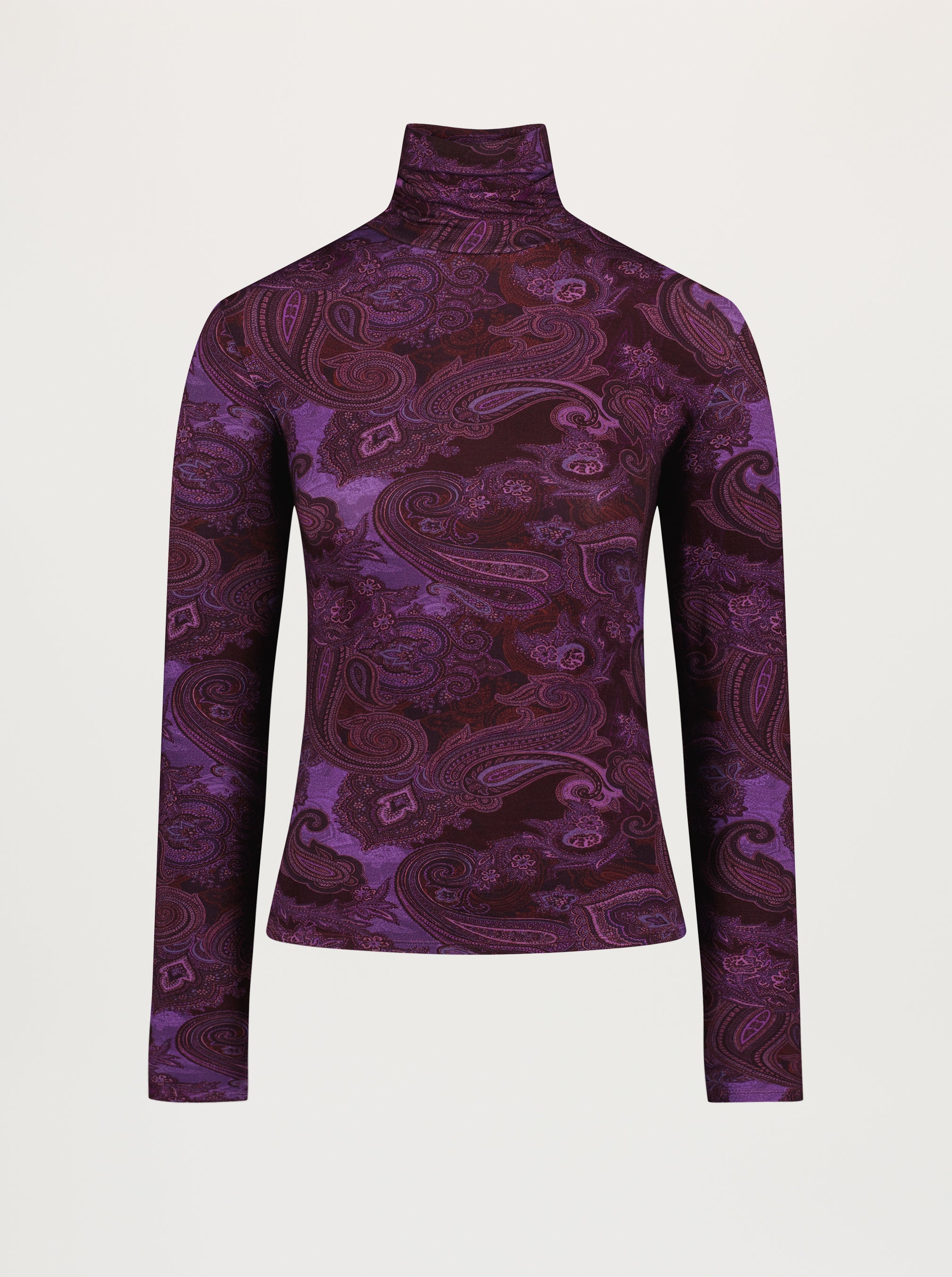Purple patterned turtleneck shirt on a light gray background