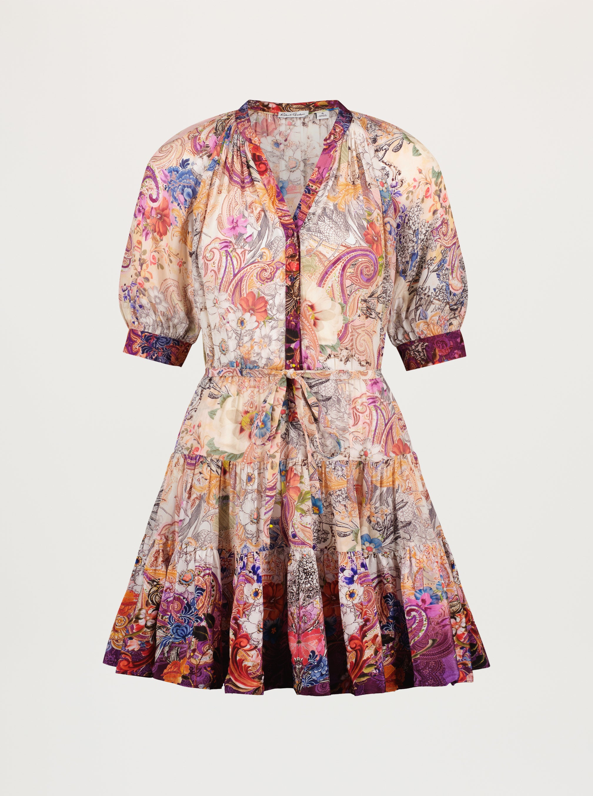 Multicolored floral dress on a light gray background
