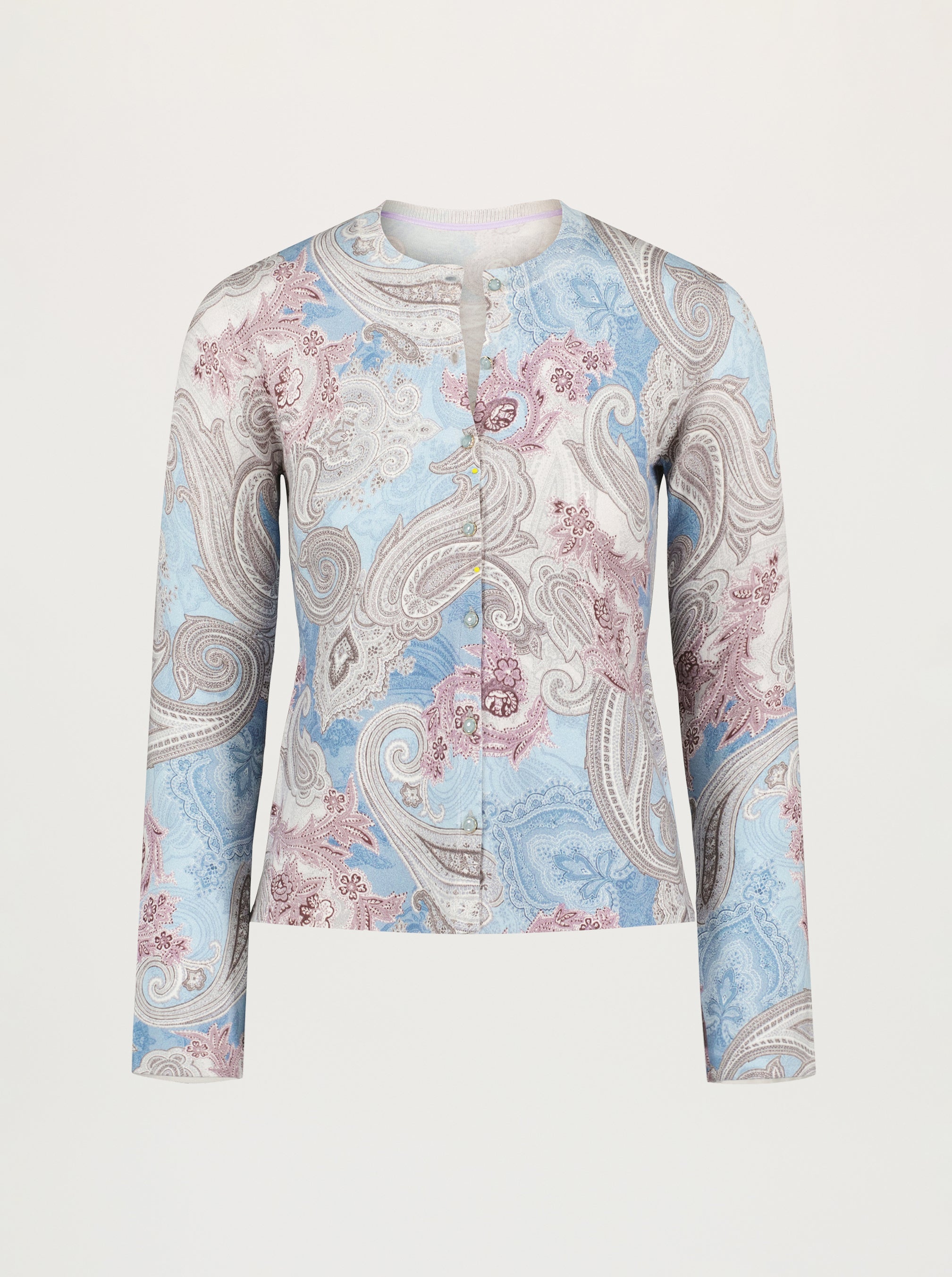 Long-sleeve shirt with paisley pattern on a white background