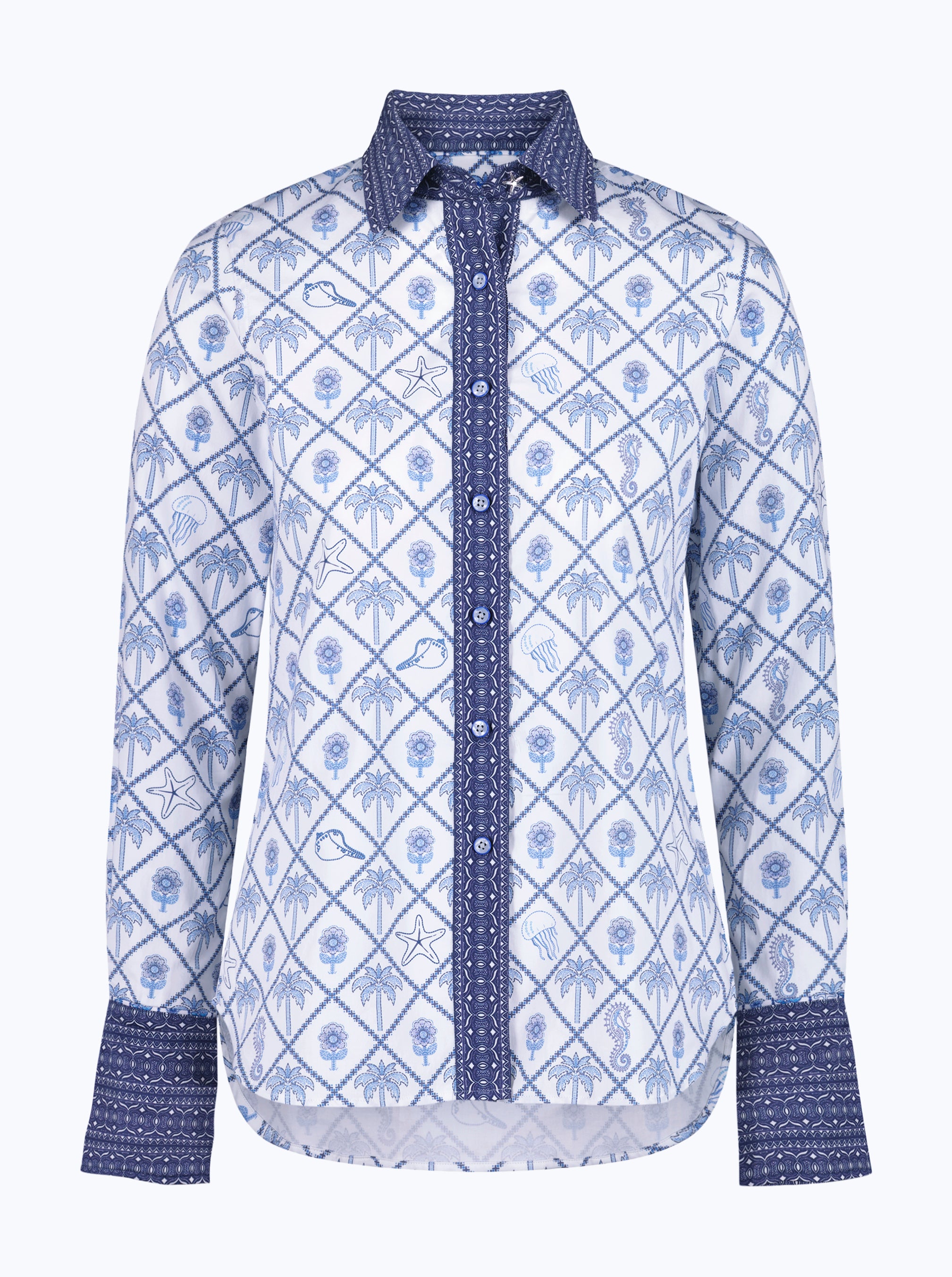 Blue and white patterned shirt on a white background