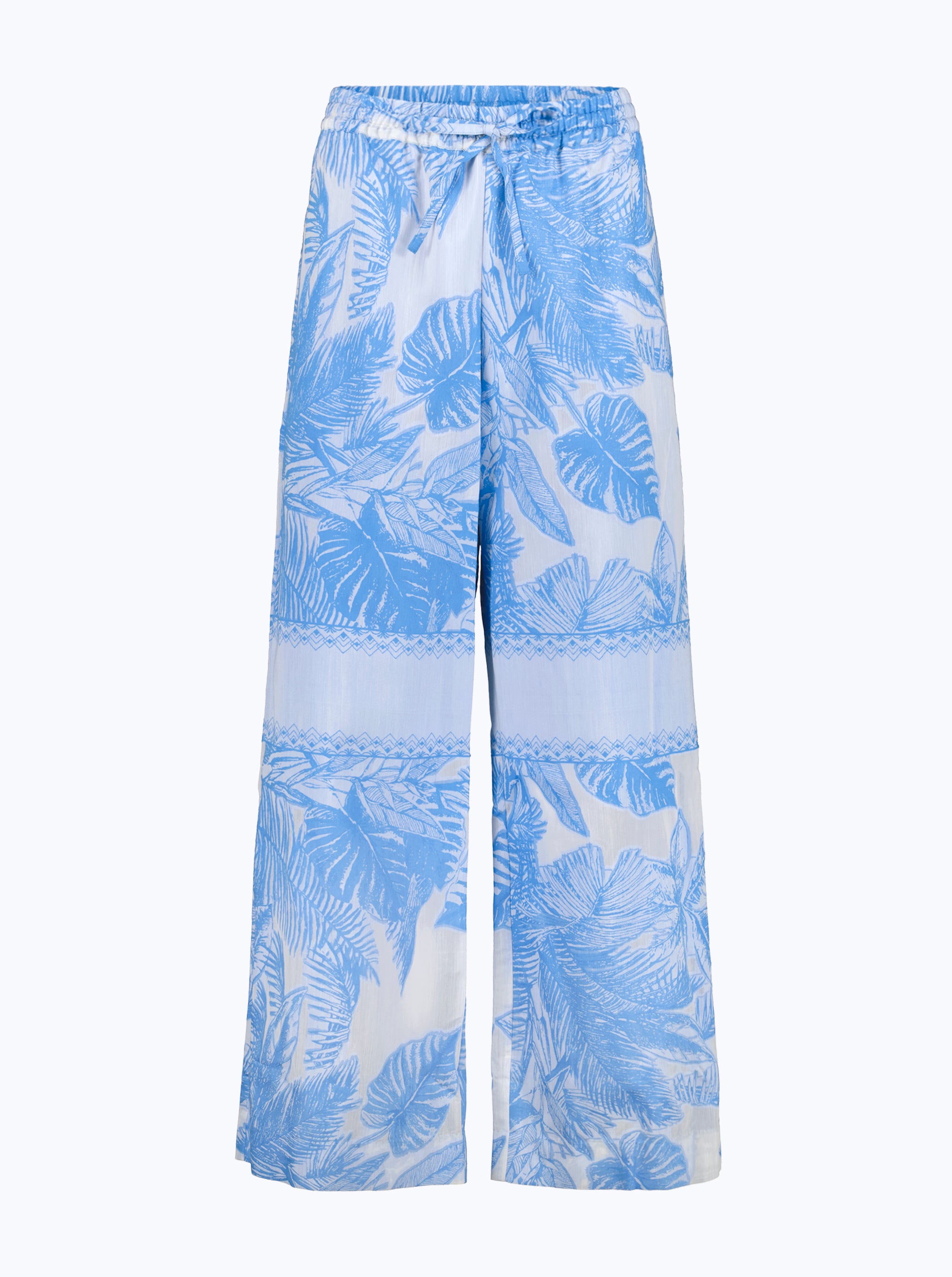 Blue floral-patterned pants on a white background