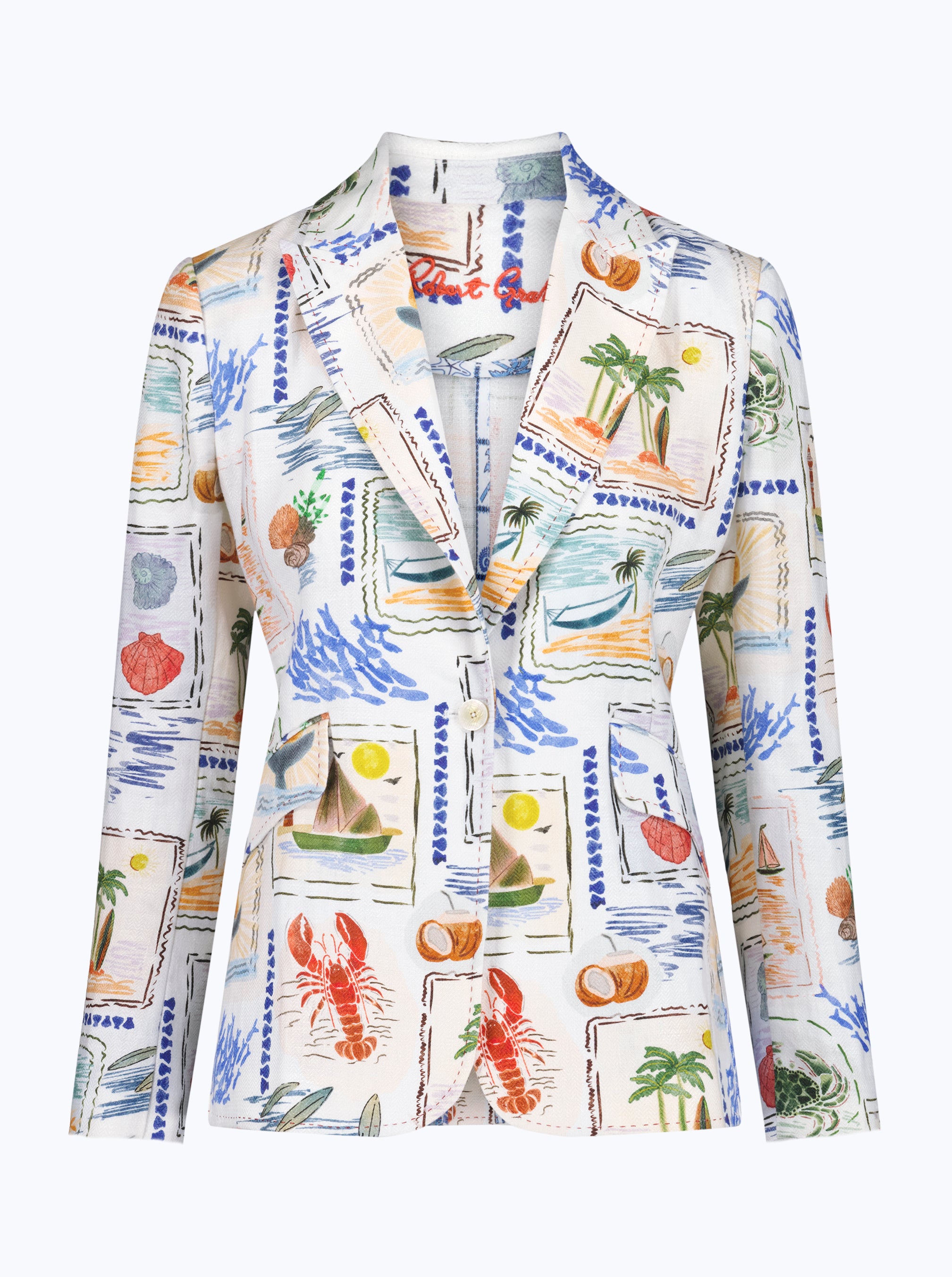 Colorful patterned blazer with tropical designs on a white background