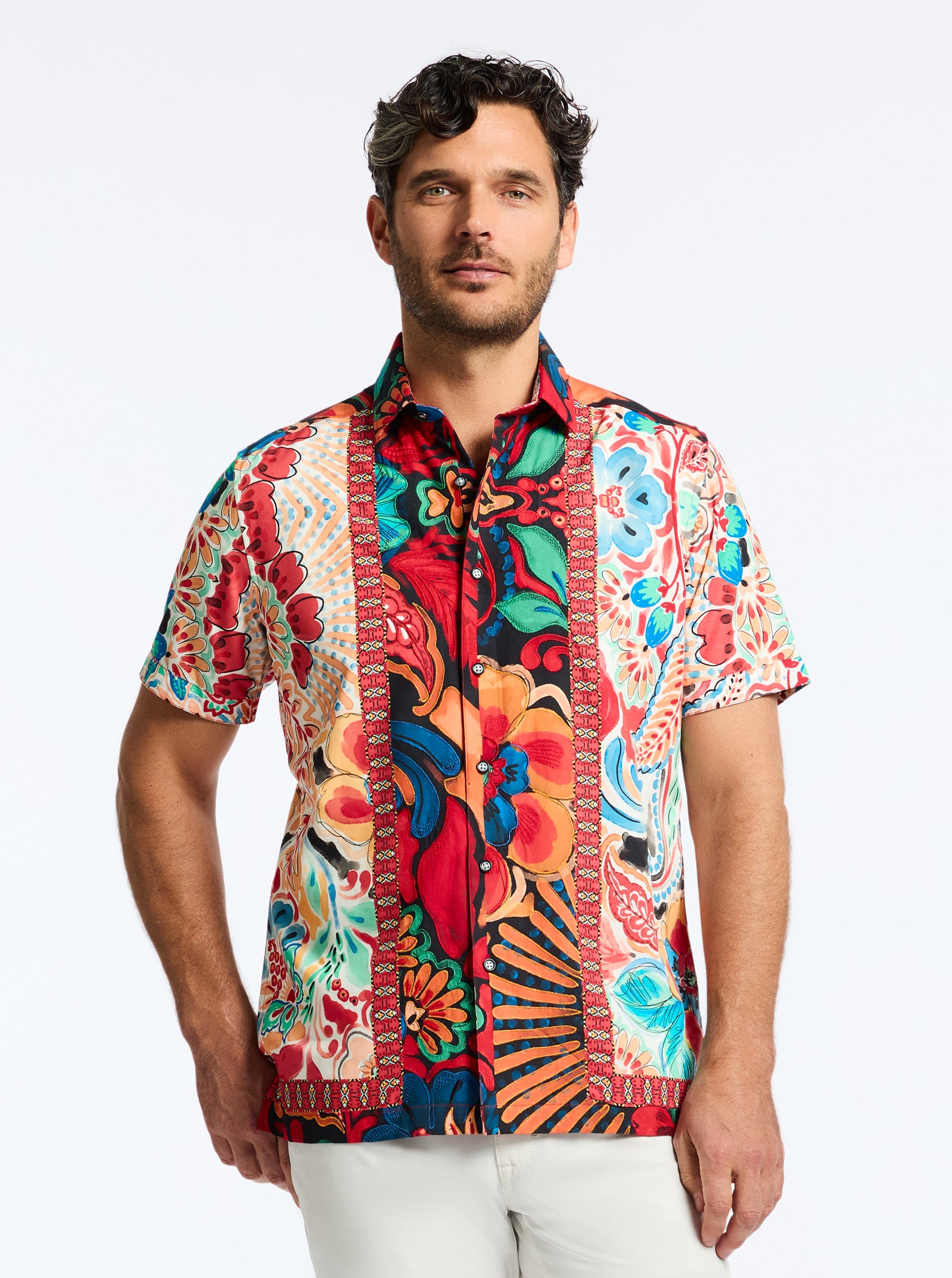 Robert Graham Men's Lakeport Short Sleeve Shirt - 100% Cotton, Geometric Floral Print, Button Down Casual