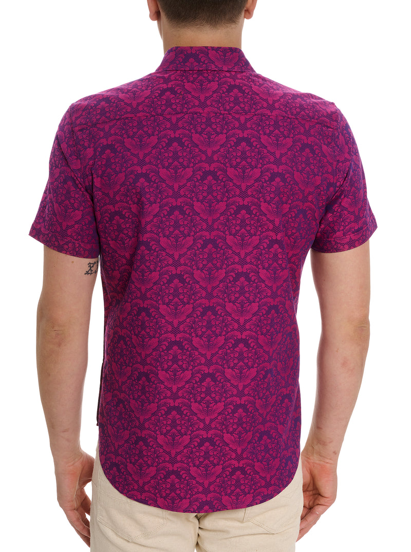 Robert Graham Men's Andaz Short Sleeve Button-Down Shirt - Blue & White Floral Medallion Print, 97% Cotton 3% Lycra