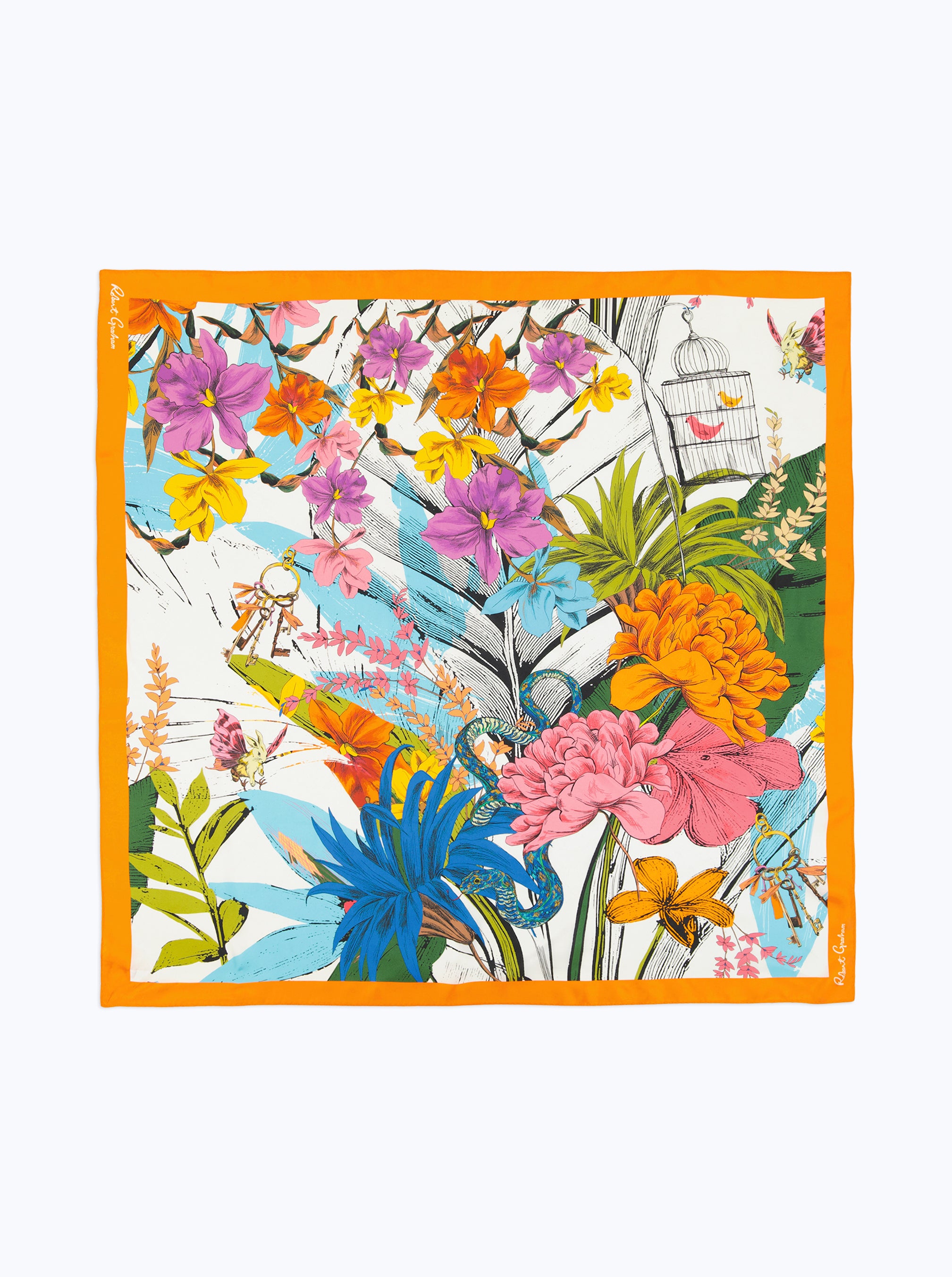 Colorful floral and bird design on a white background