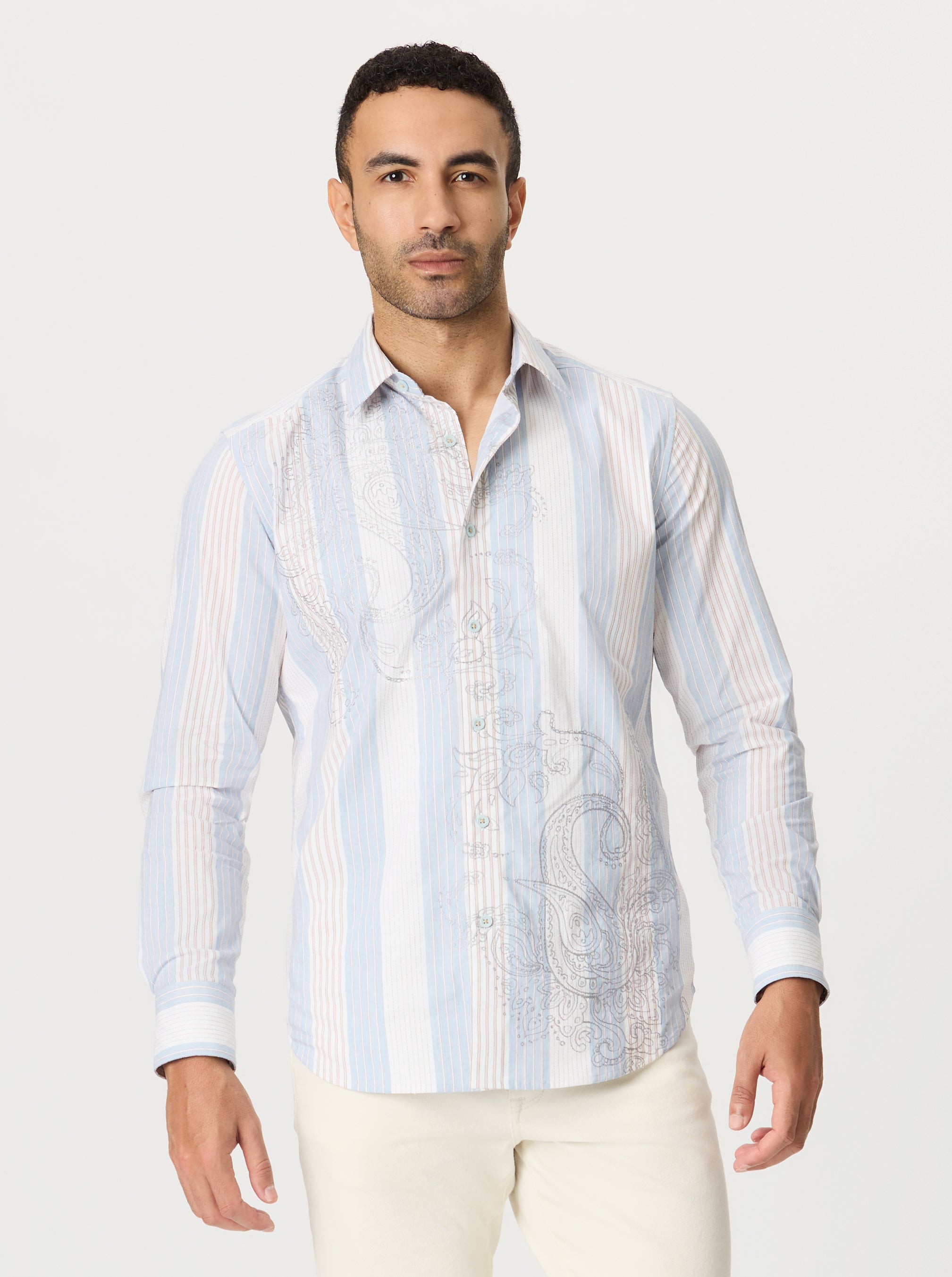 Man wearing a light blue striped shirt against a white background