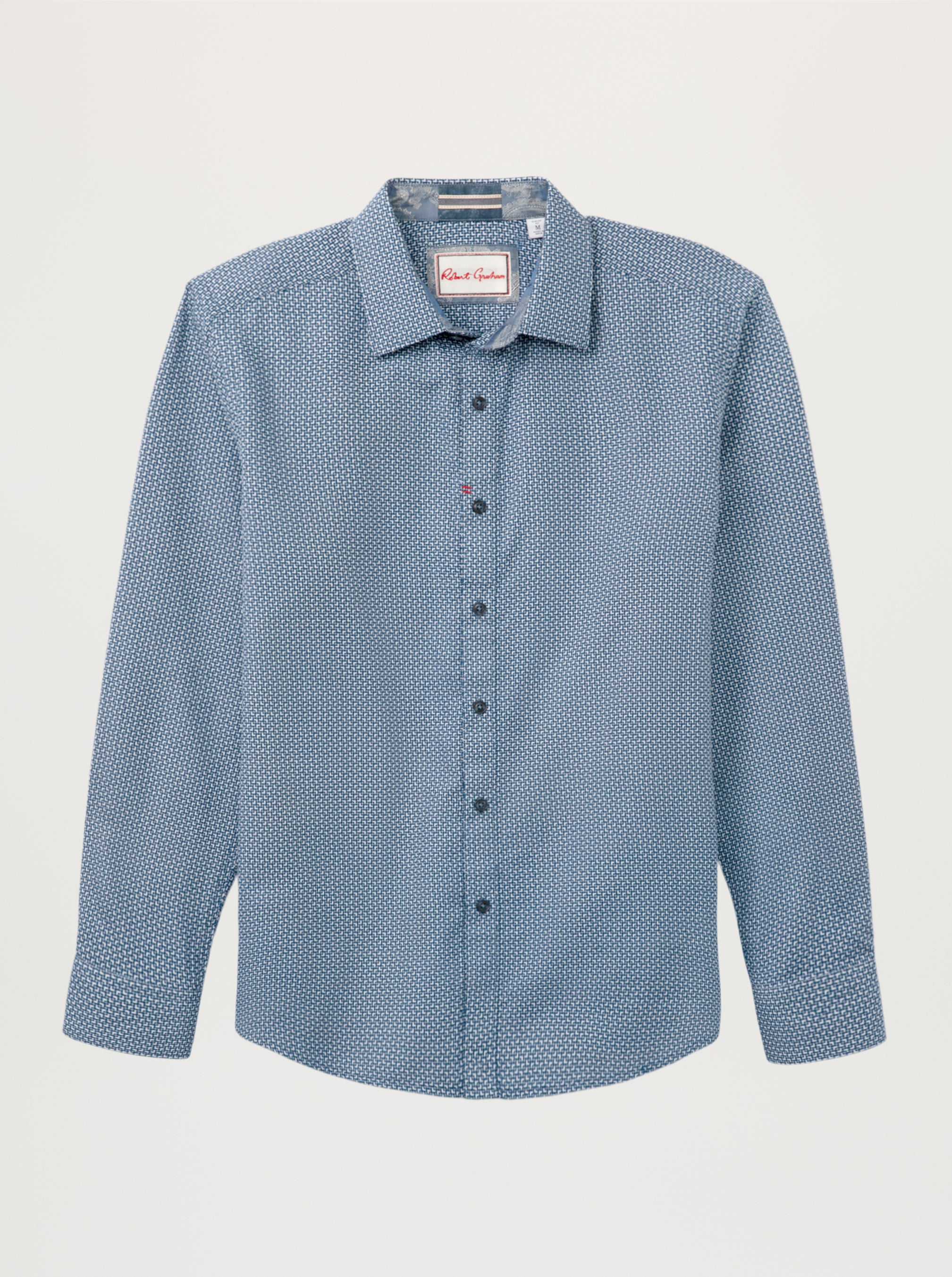 A men's long-sleeve button-down shirt in a light blue and white micro-pattern, featuring a classic collar and a small red embroidered logo on the chest, displayed against a light gray background.