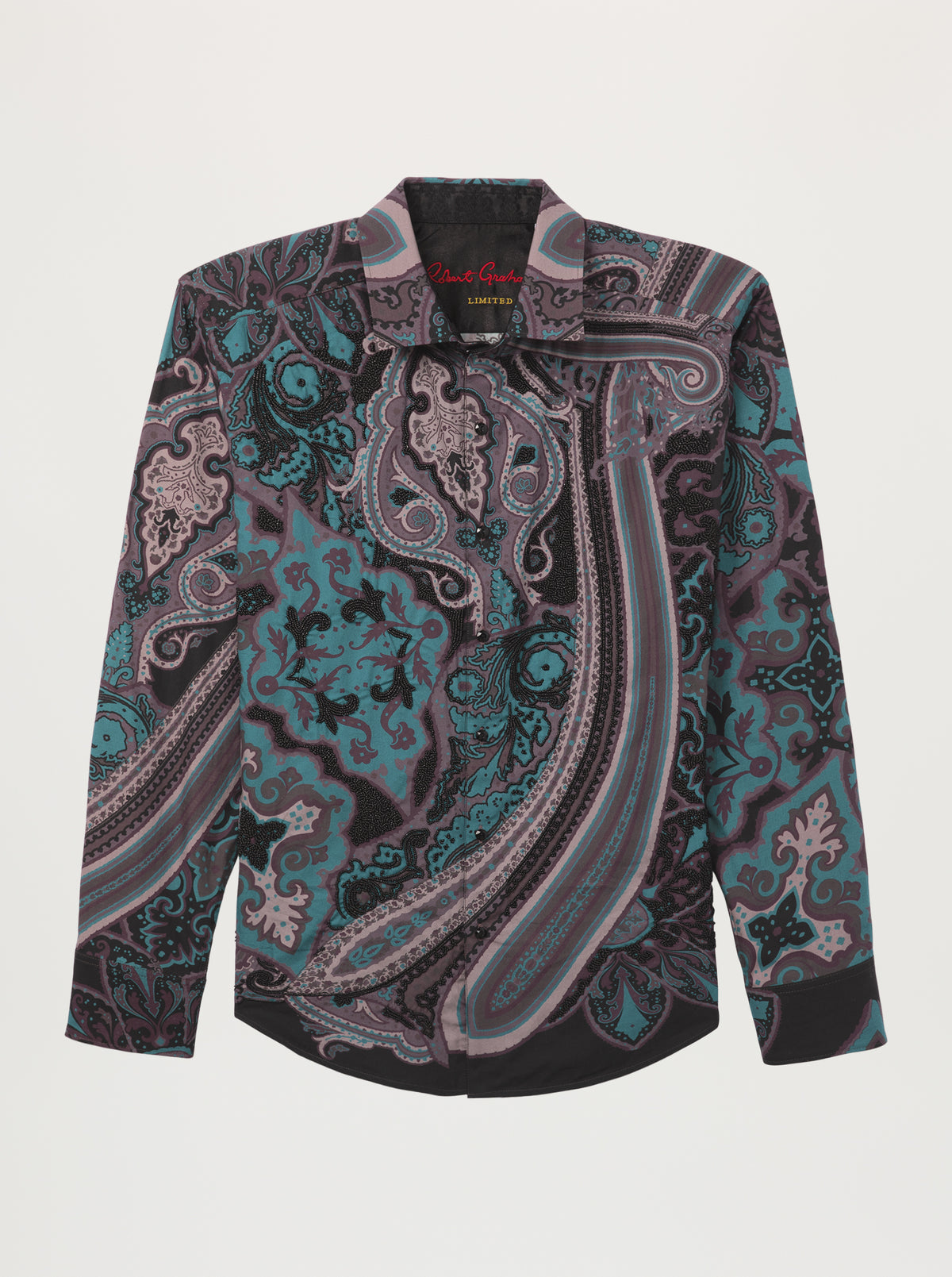 A long-sleeve button-up shirt with a complex paisley pattern in teal, purple, black, and gray, displayed flat against a light gray background.