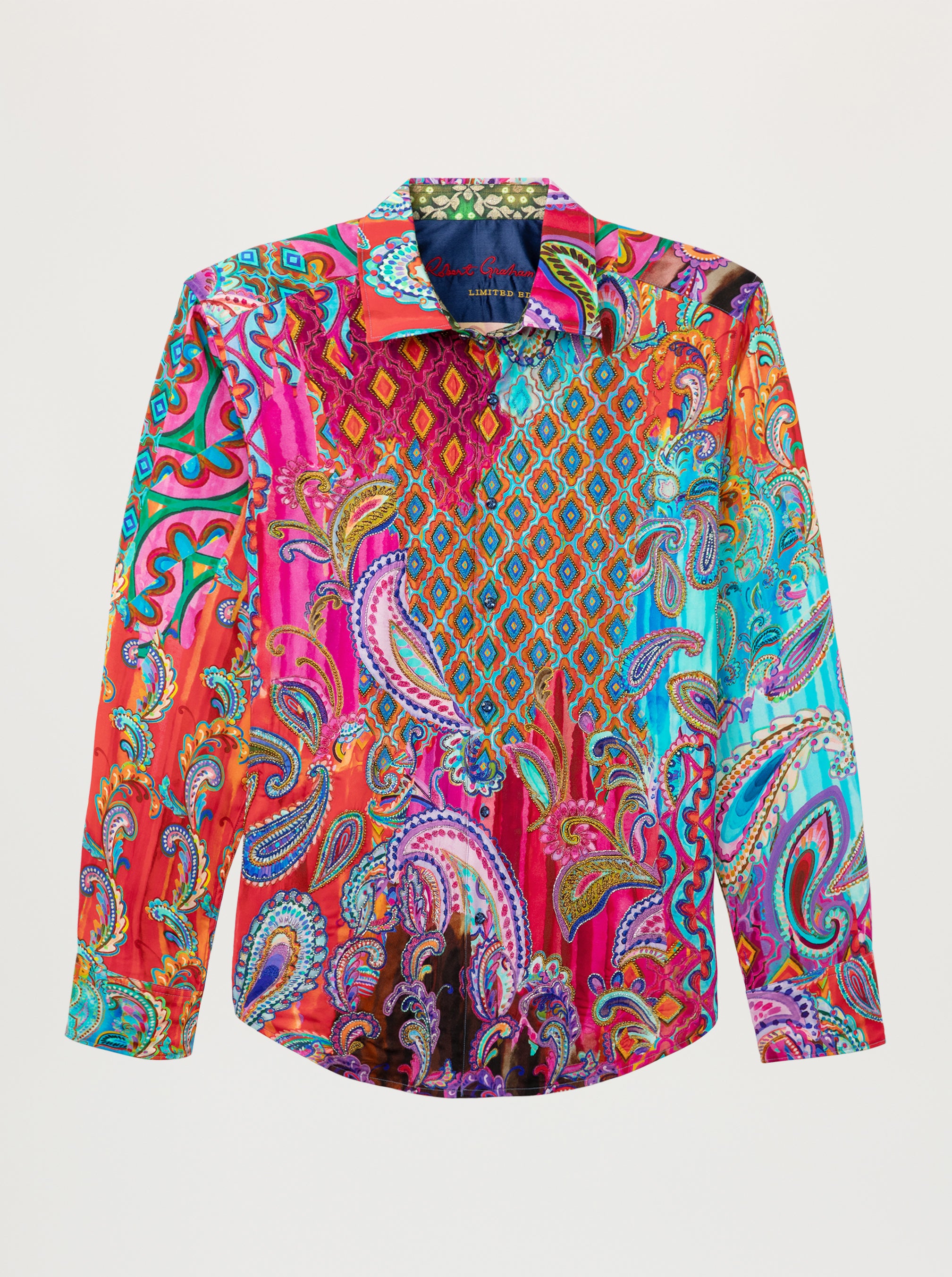 A long-sleeve button-up shirt with a vibrant, multicolor paisley and geometric print, displayed against a light gray background.
