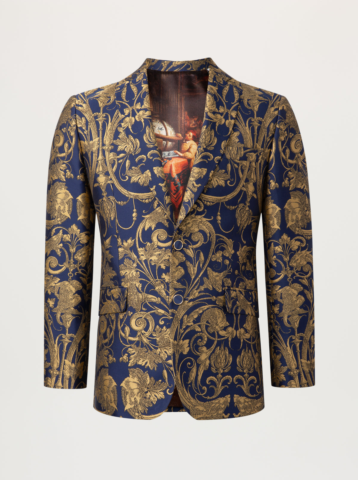 A men's single-breasted blazer featuring an ornate gold baroque-style damask pattern on a deep navy blue base, with a central classical painting print on the lapel.