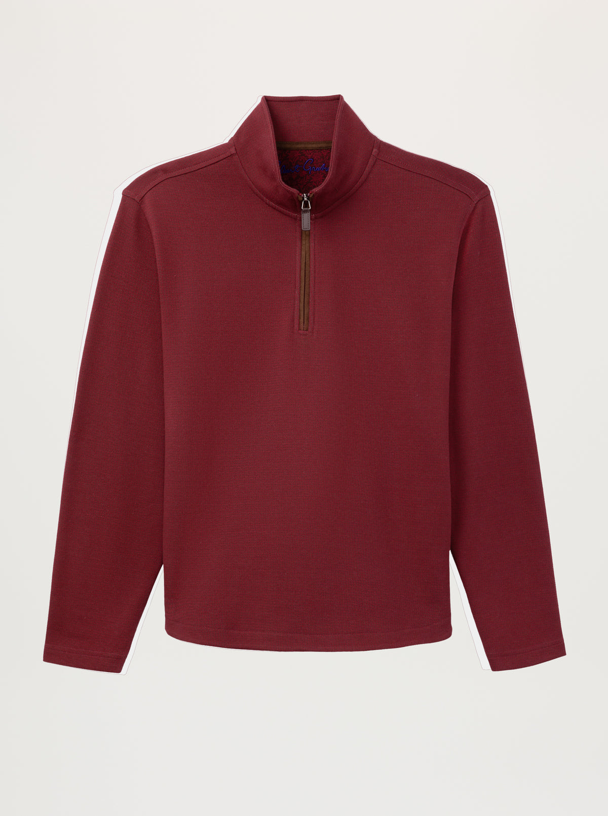 A long-sleeve quarter-zip pullover sweater in a deep burgundy red, displayed on a clean, light off-white background.