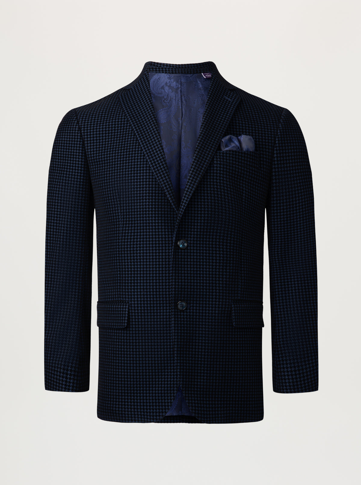 A dark navy blue single-breasted blazer with a fine micro-check pattern, featuring a matching pocket square, displayed on a neutral light gray background.