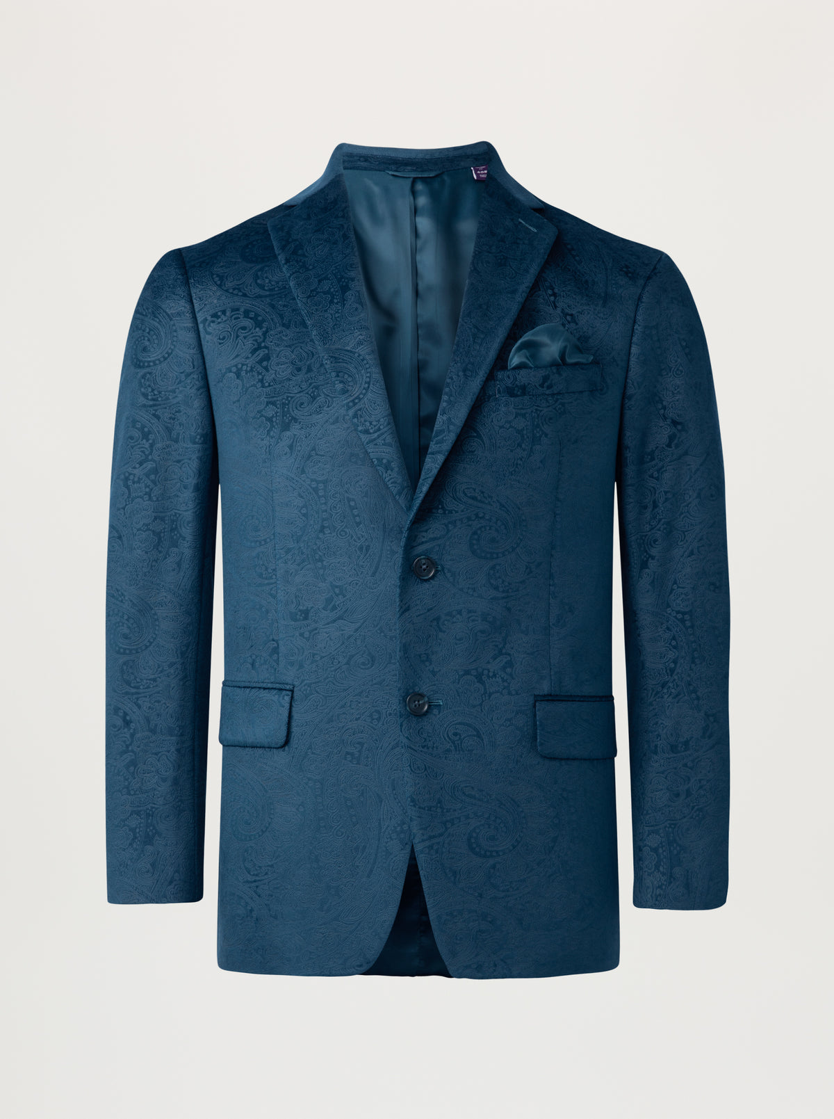A men's blue jacquard patterned blazer with a matching pocket square, displayed on a neutral light gray background.